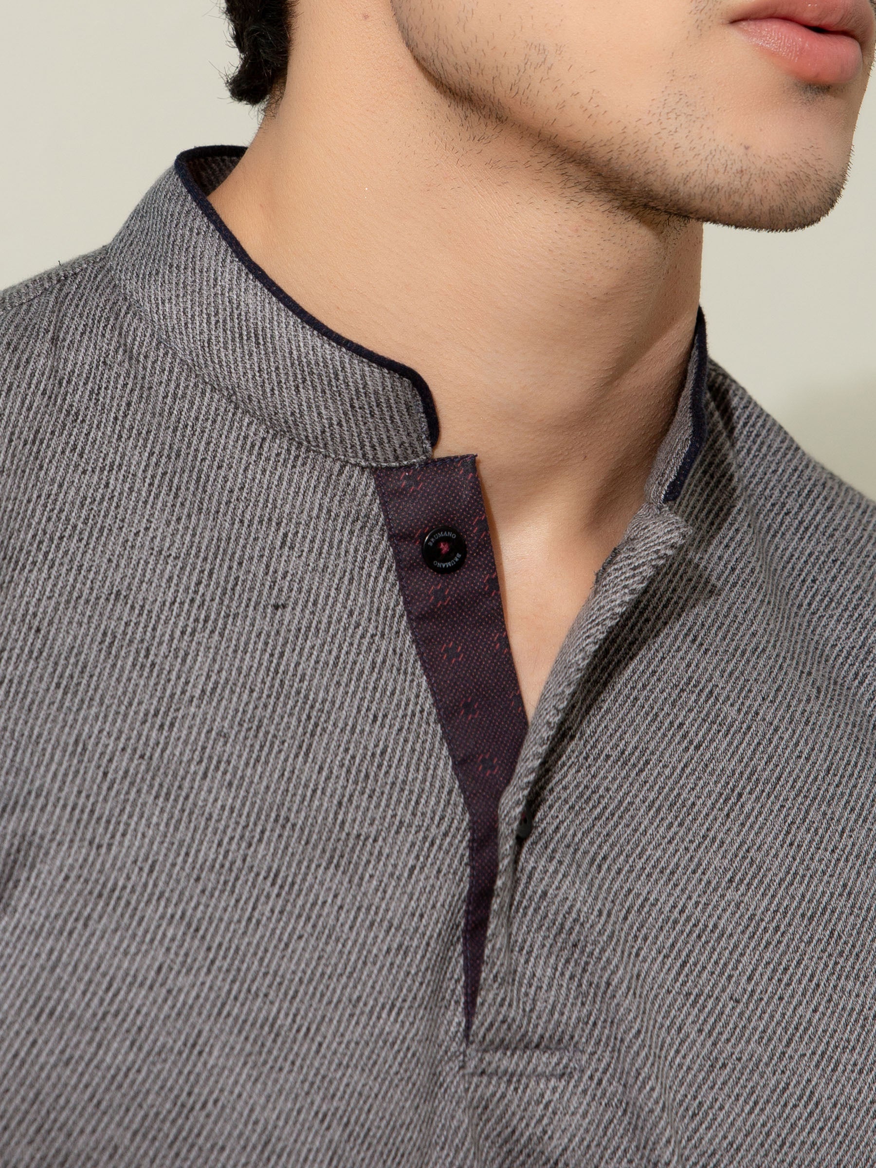 Grey Striped Mao Collar Polo Shirt