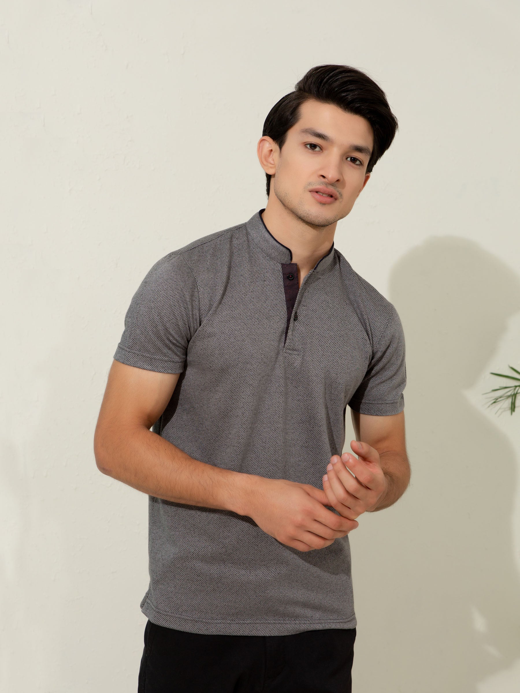 Grey Striped Mao Collar Polo Shirt
