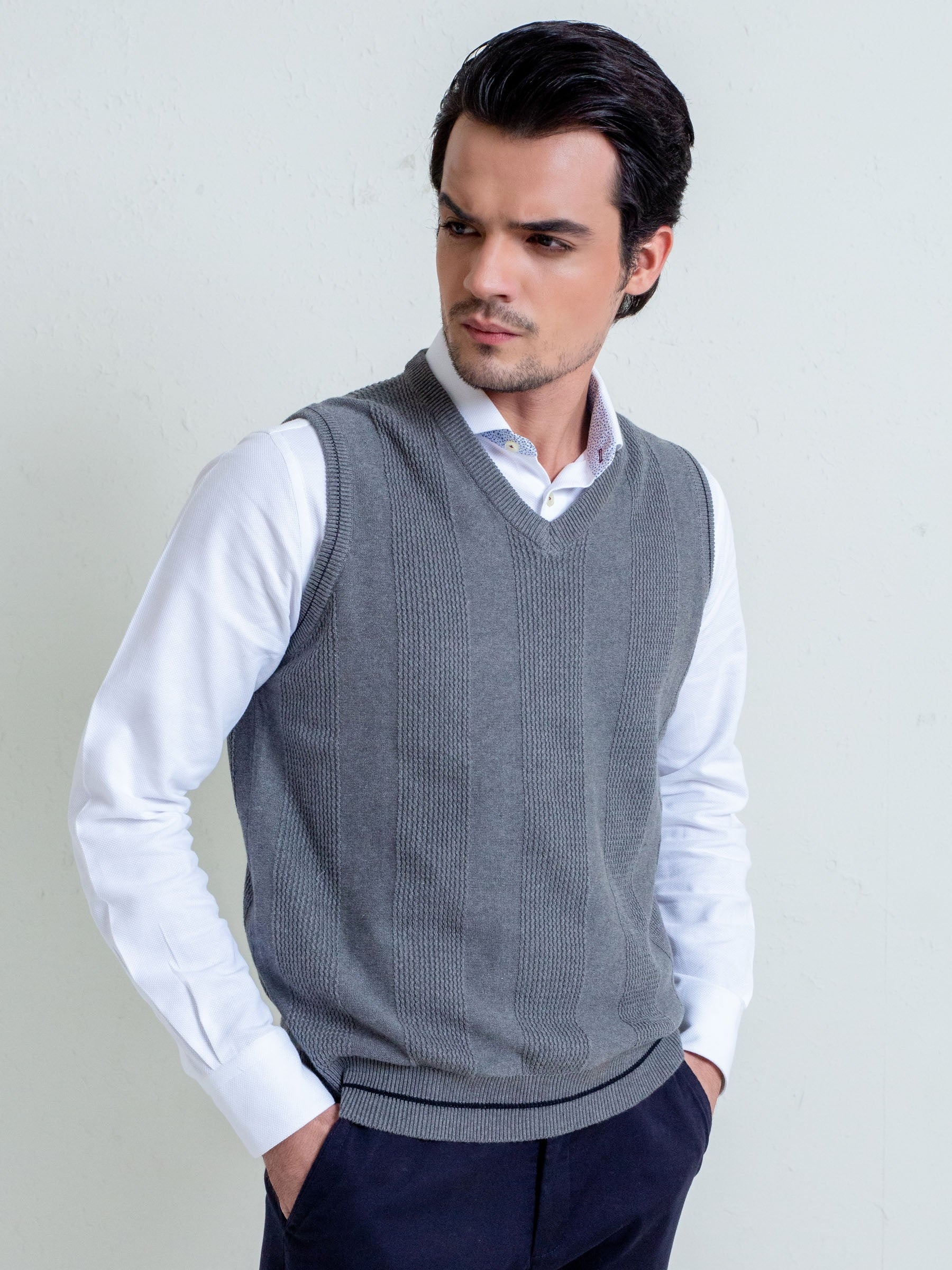 Grey Textured Sleeveless Sweater
