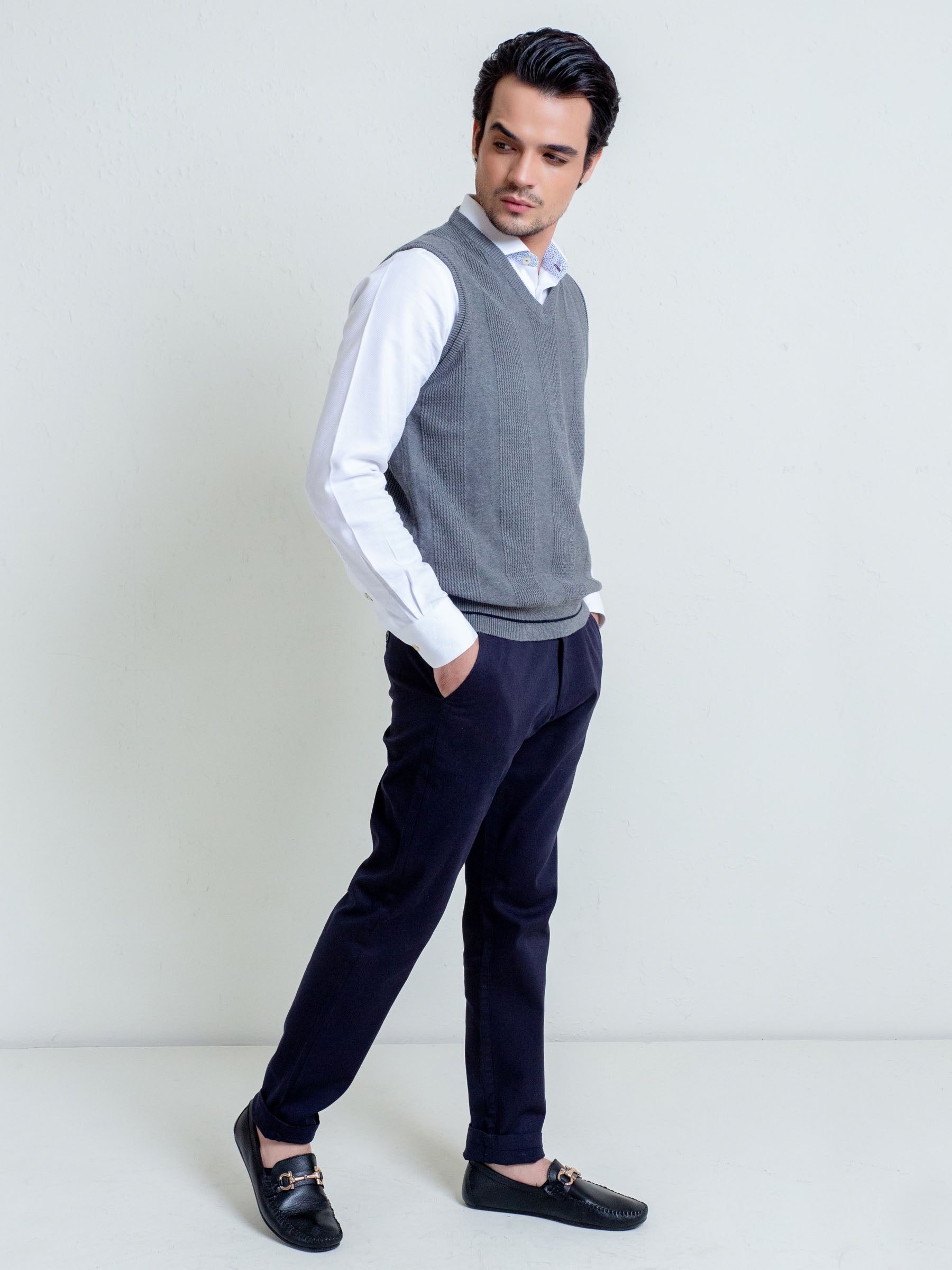 Grey Textured Sleeveless Sweater