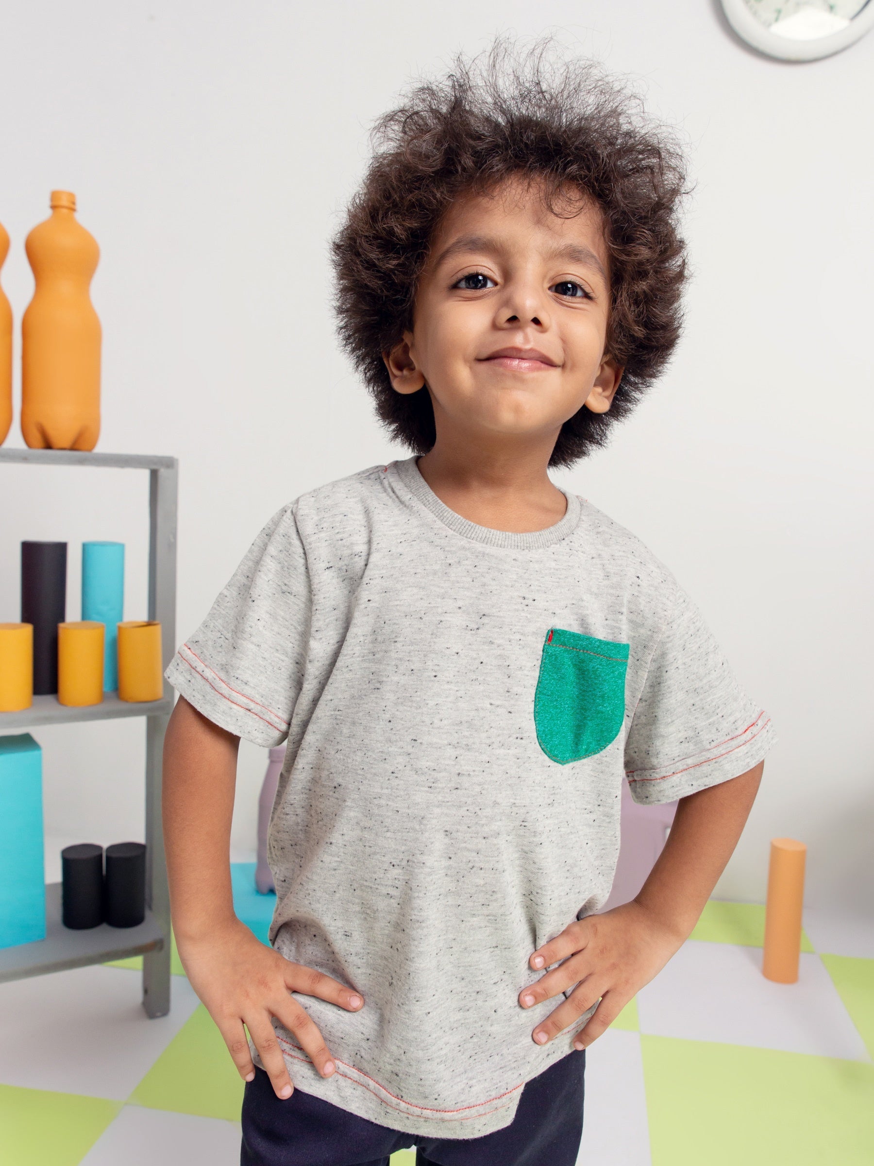 Grey White Neppy T-Shirt With Contrasting Green Pocket