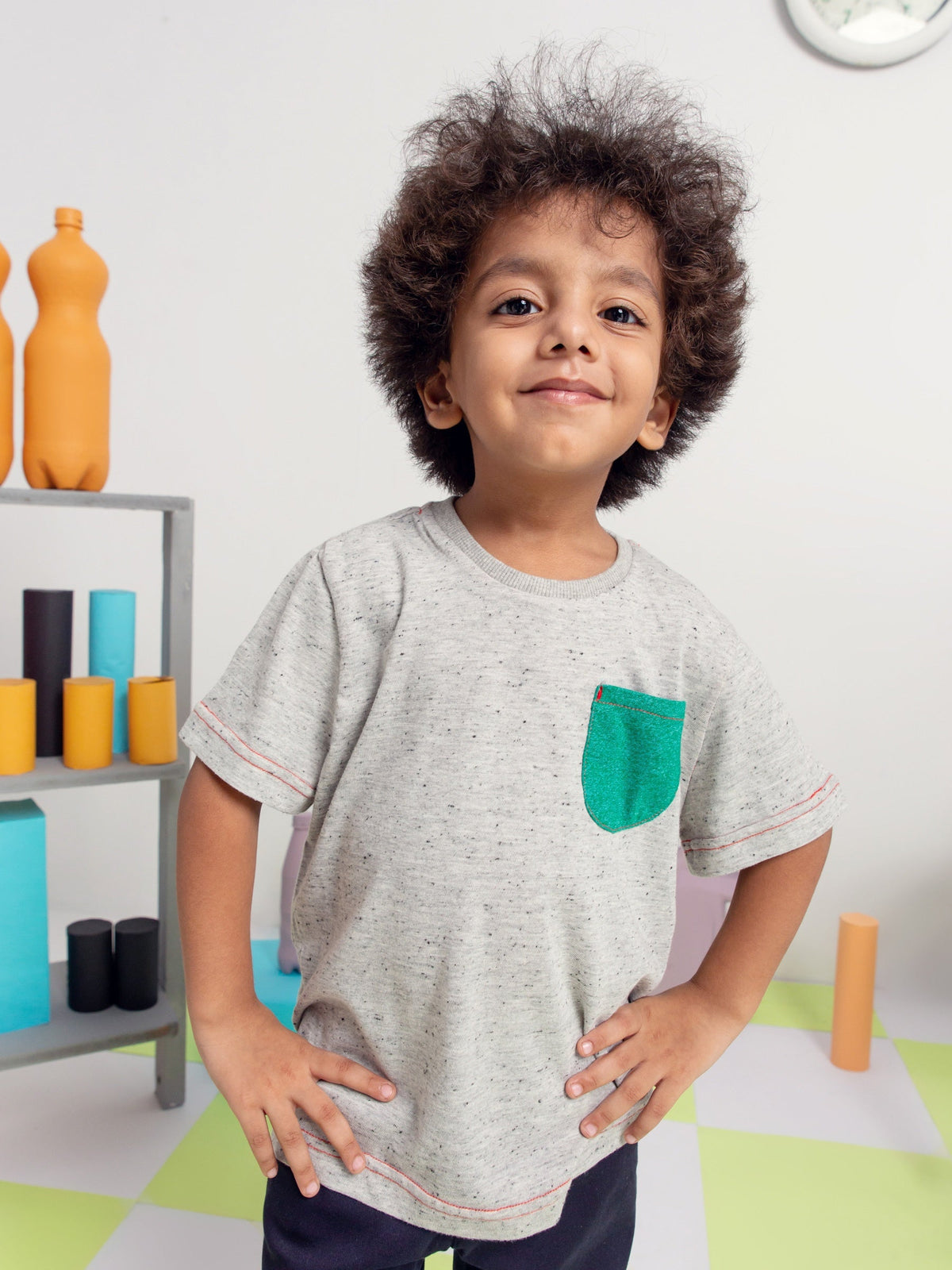 Grey White Neppy T-Shirt With Contrasting Green Pocket