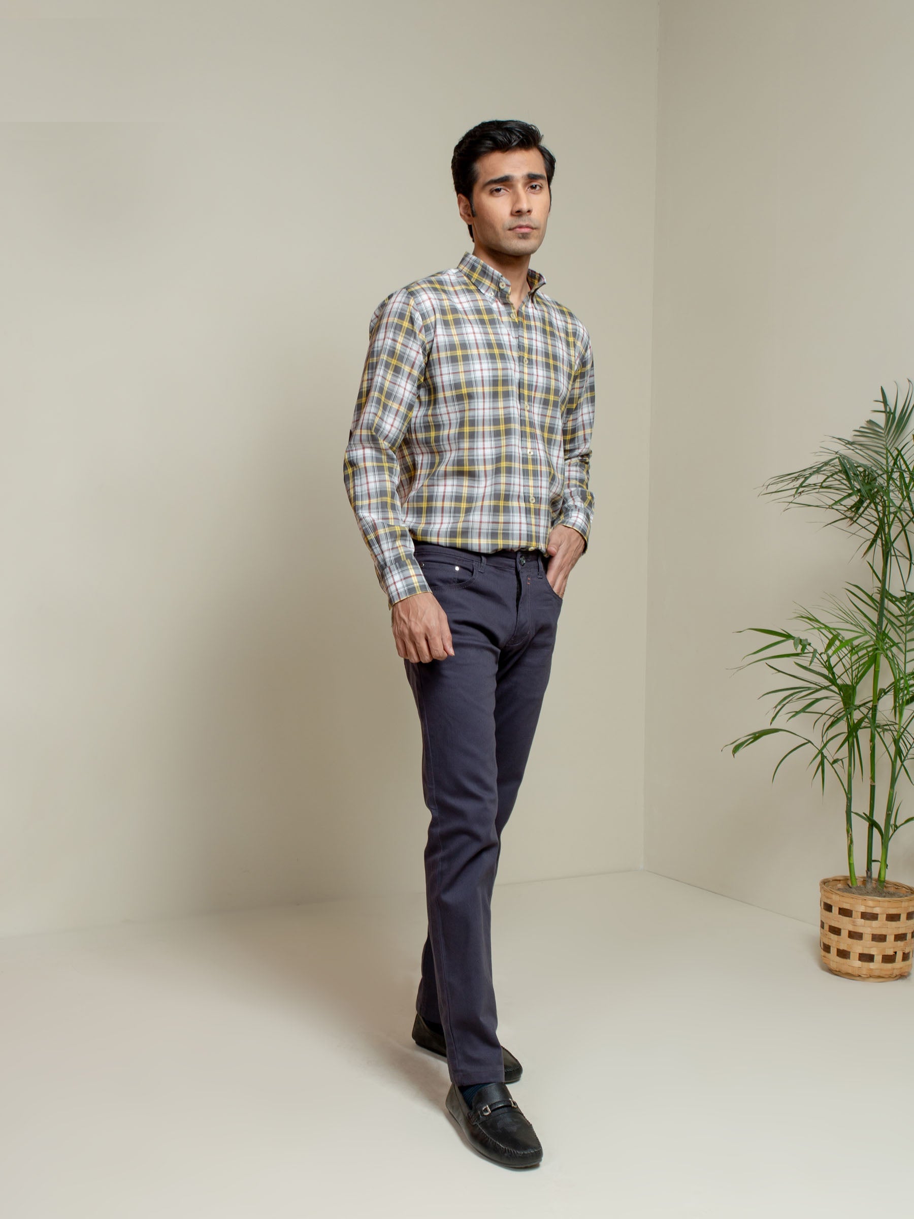 Grey & Yellow Checkered Light Weight Shirt