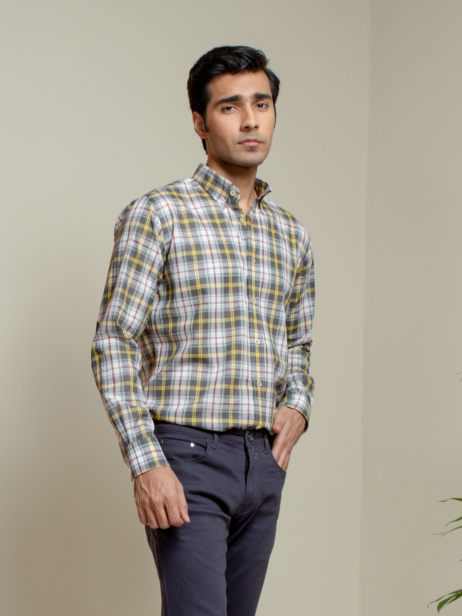 Grey & Yellow Checkered Light Weight Shirt
