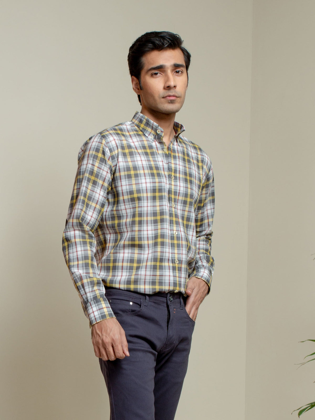 Grey & Yellow Checkered Light Weight Shirt