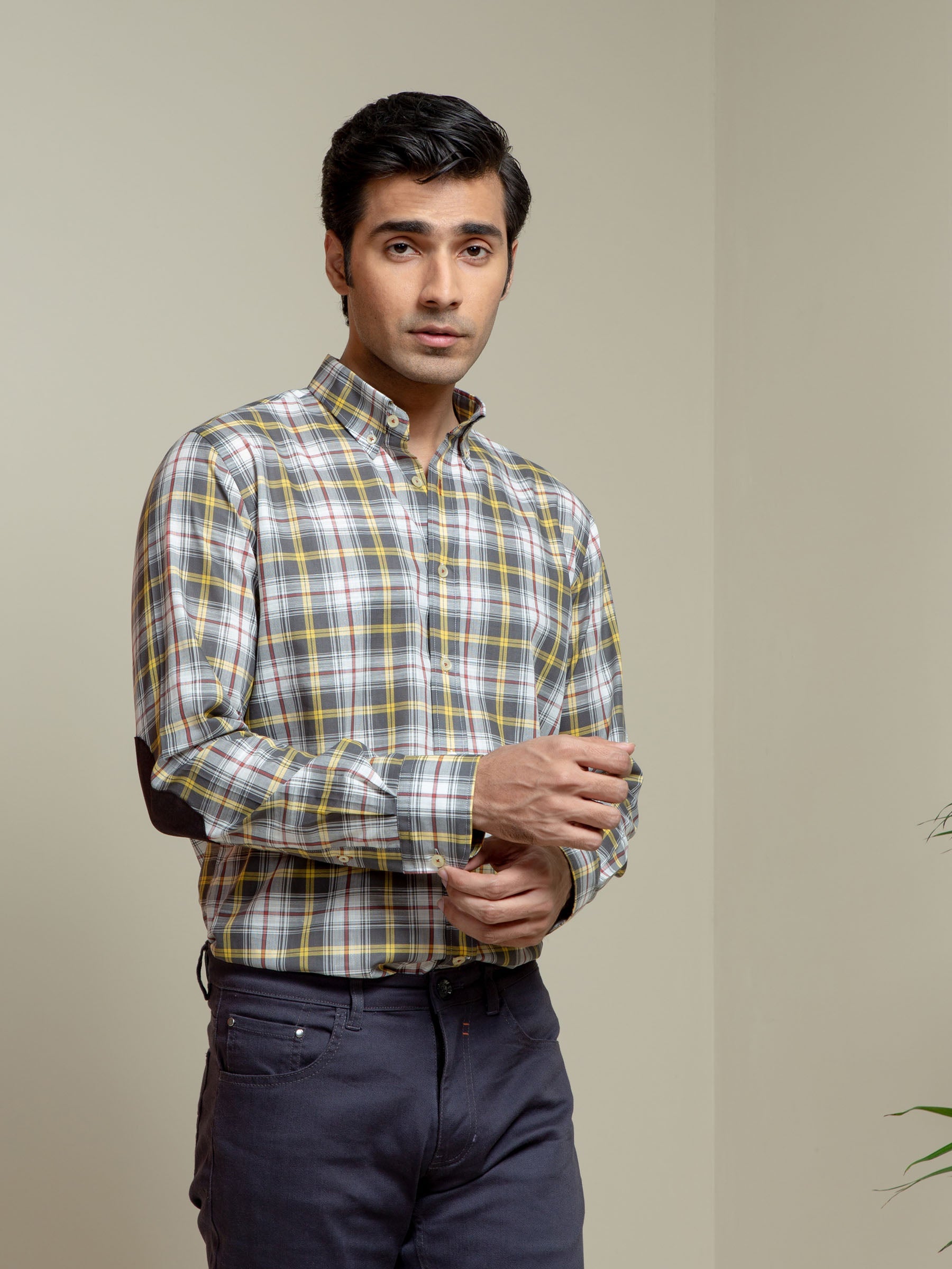 Grey & Yellow Checkered Light Weight Shirt