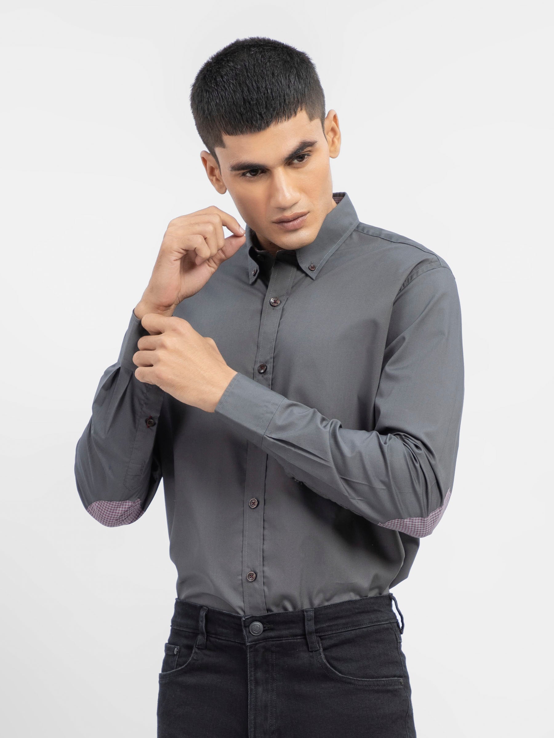 Grey Button Down Shirt With Collar Detailing