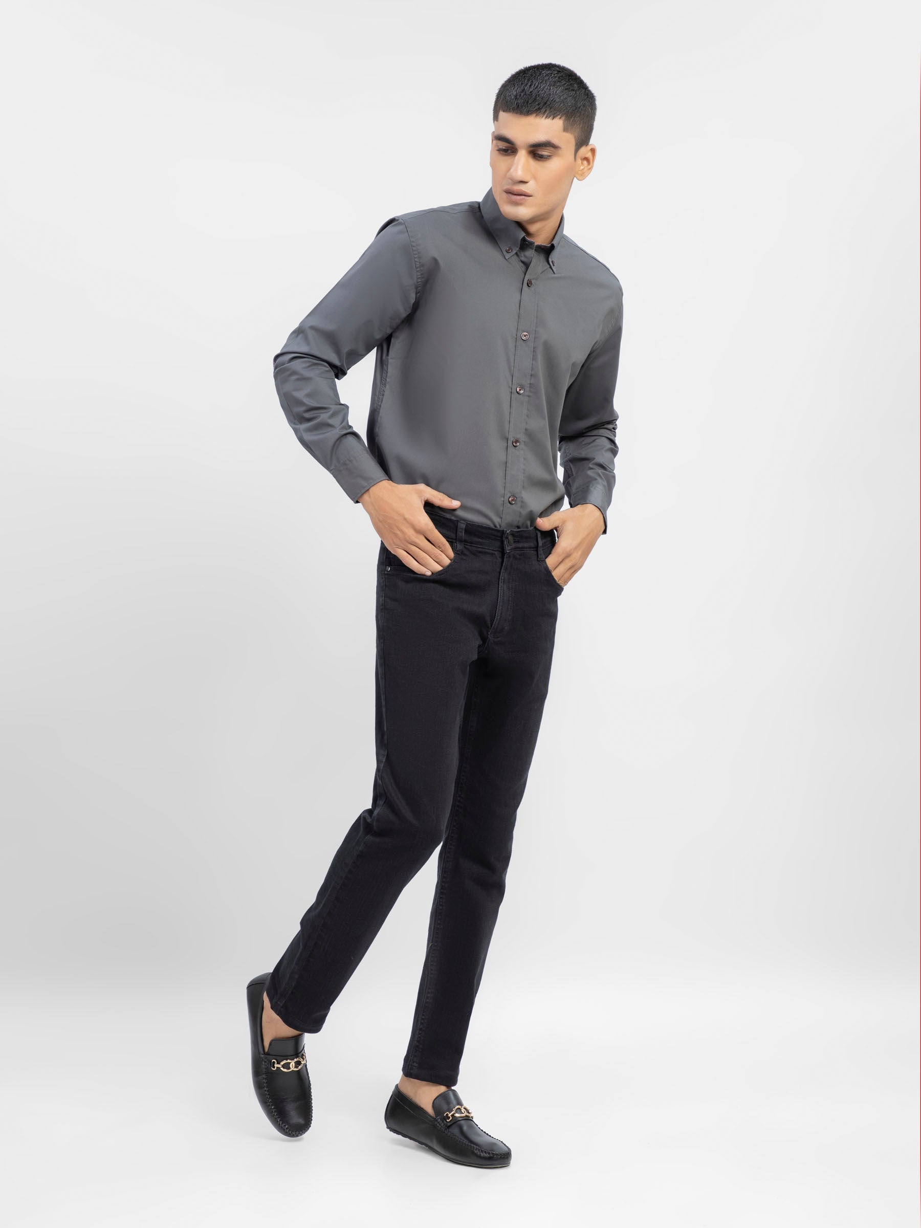 Grey Button Down Shirt With Collar Detailing