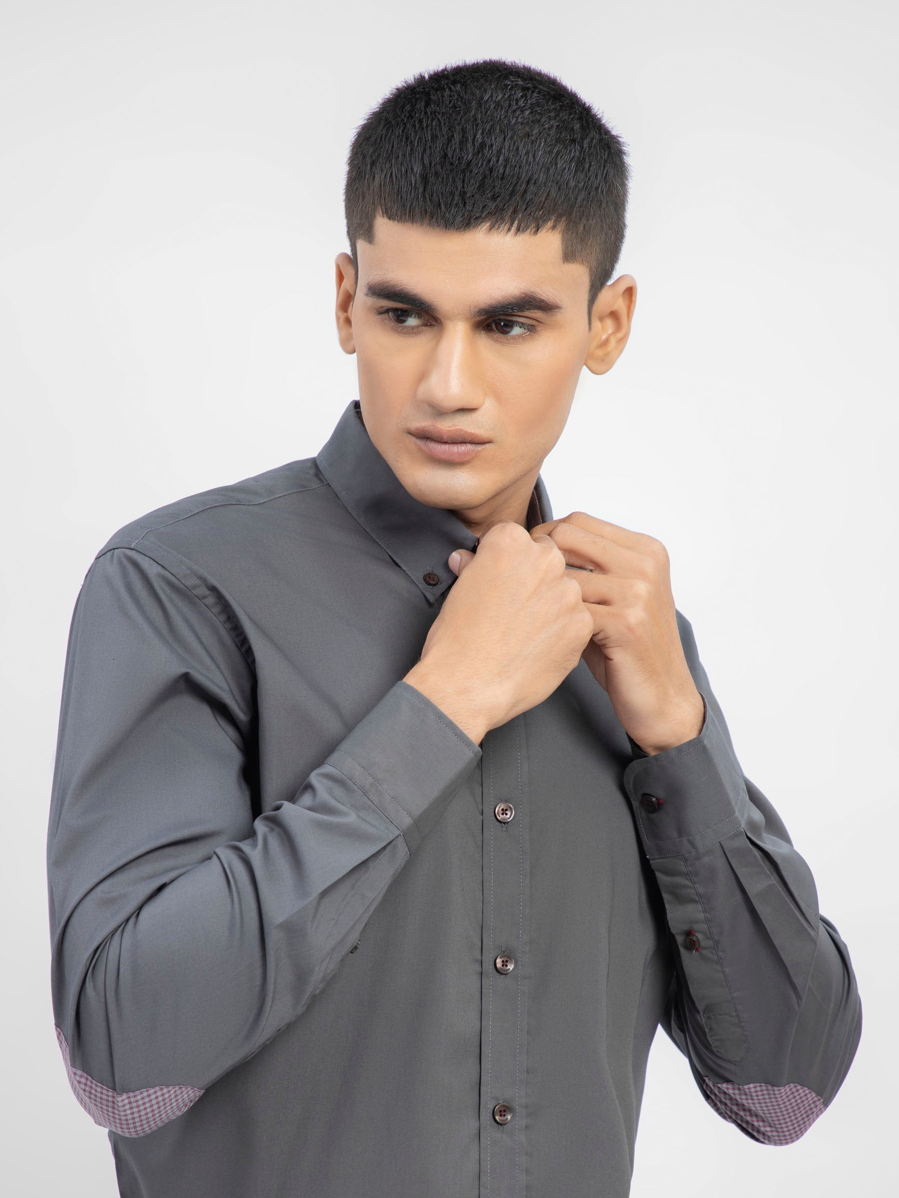 Grey Button Down Shirt With Collar Detailing