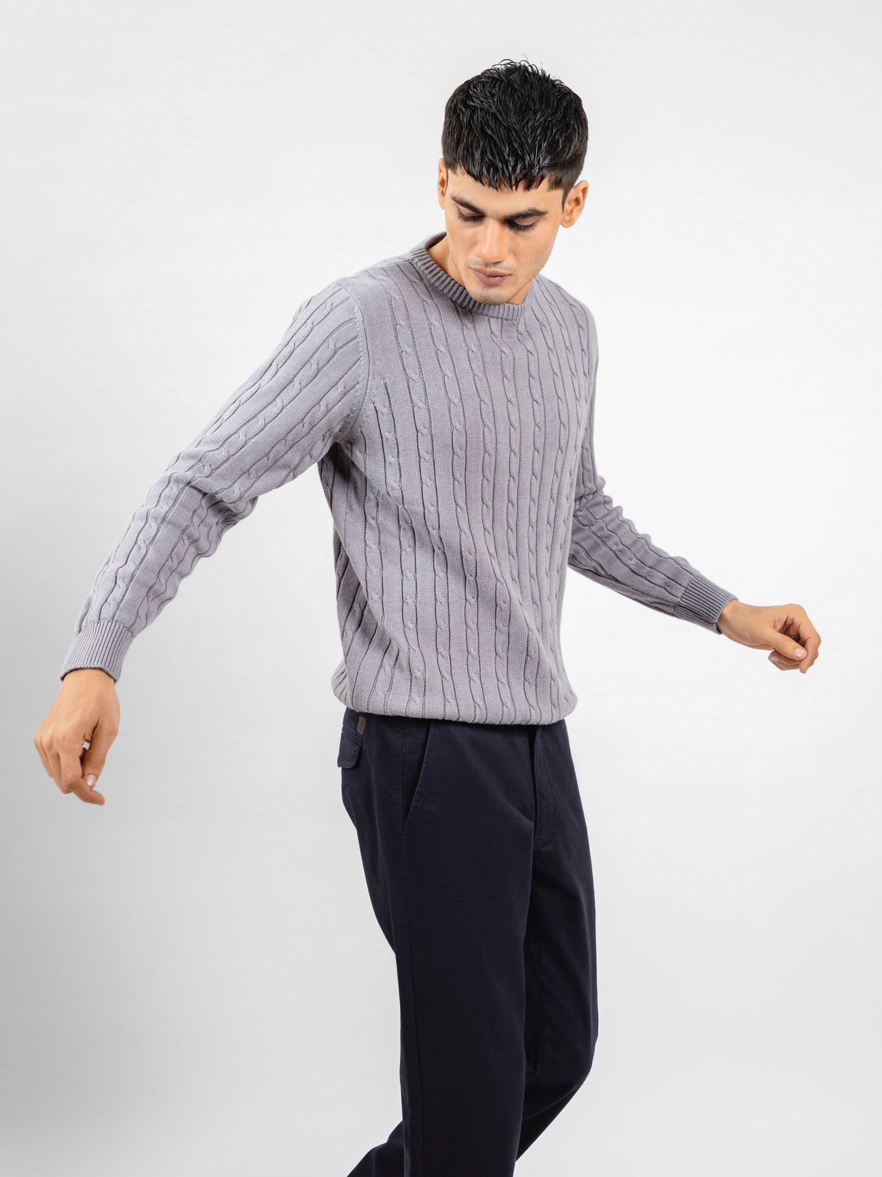 Grey Cable Knitted Crew Neck Jumper