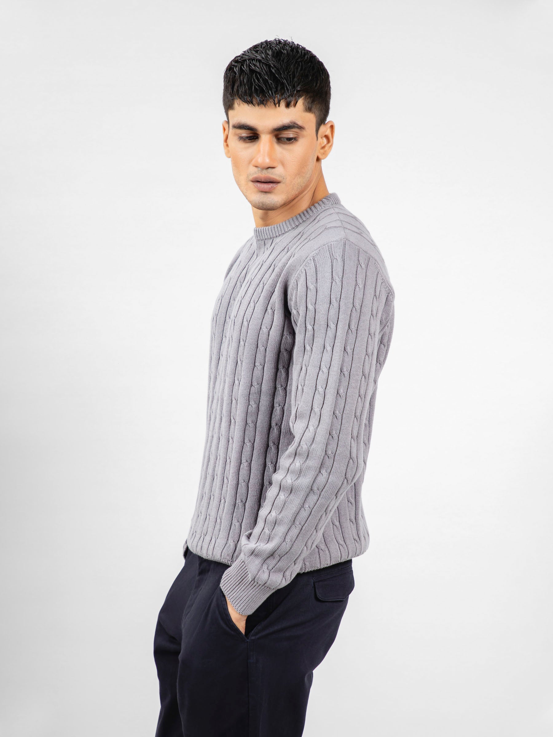 Grey Cable Knitted Crew Neck Jumper