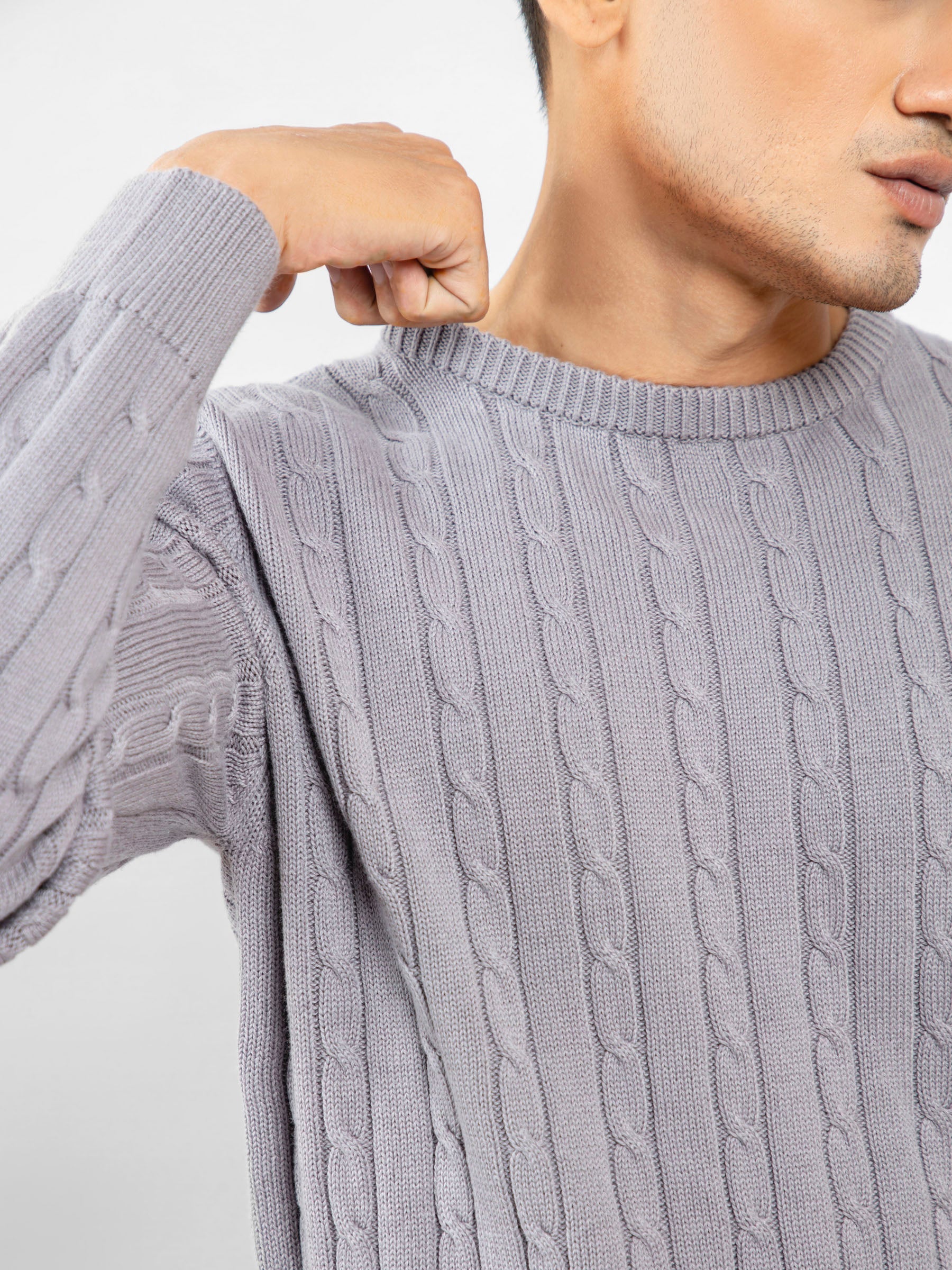 Grey Cable Knitted Crew Neck Jumper