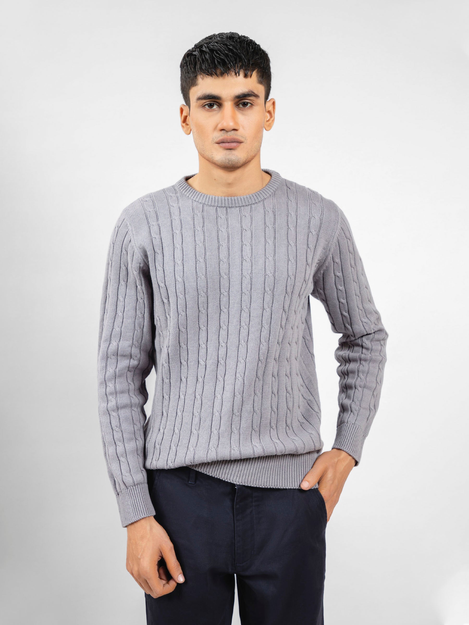 Grey Cable Knitted Crew Neck Jumper