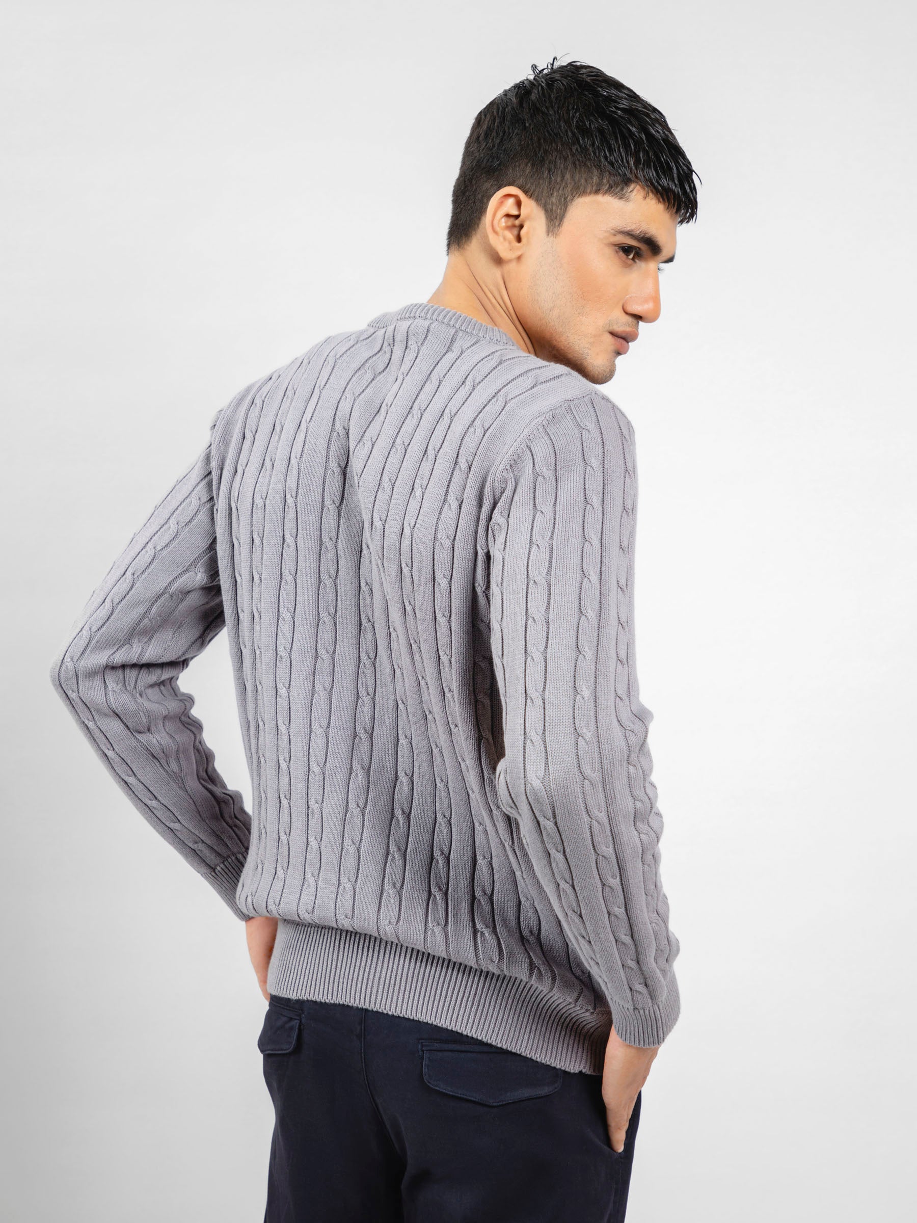 Grey Cable Knitted Crew Neck Jumper