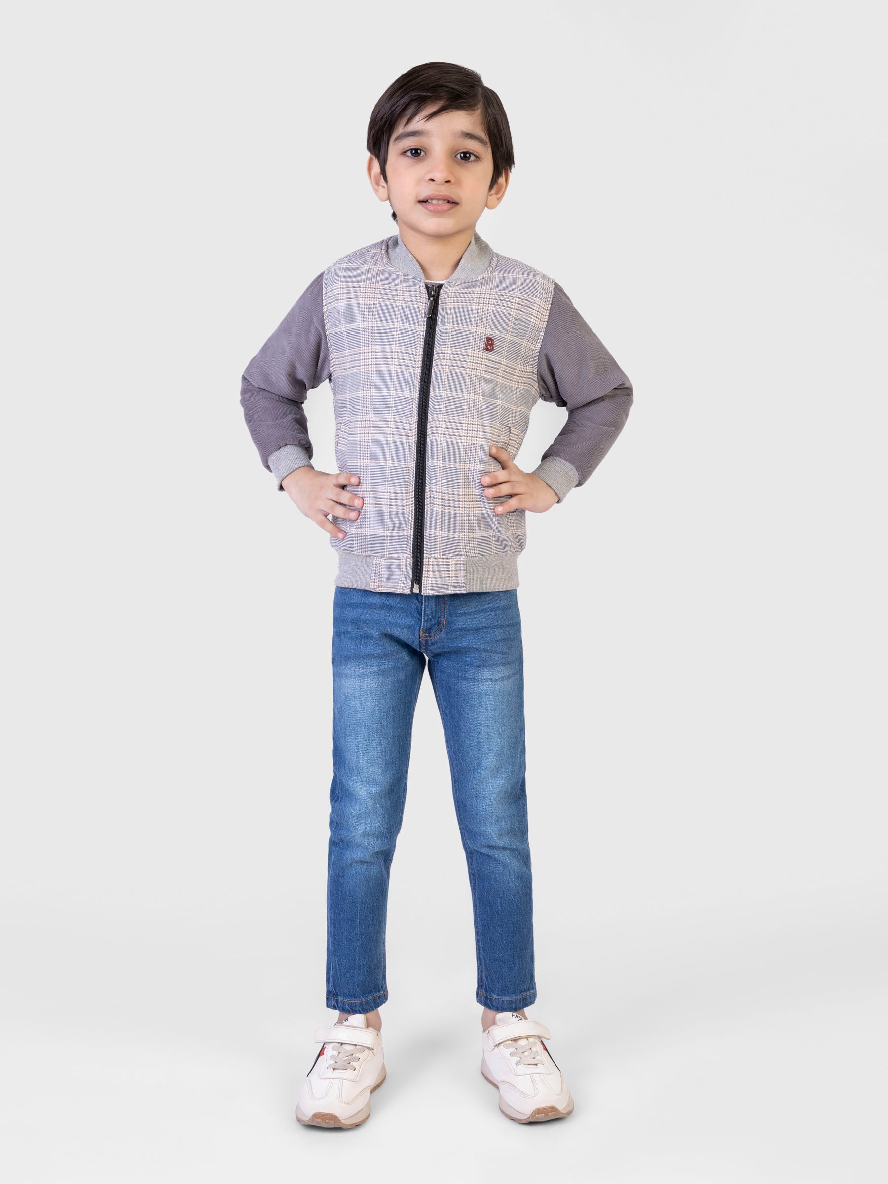 Grey Corduray Checkered Quilted Bomber Jacket