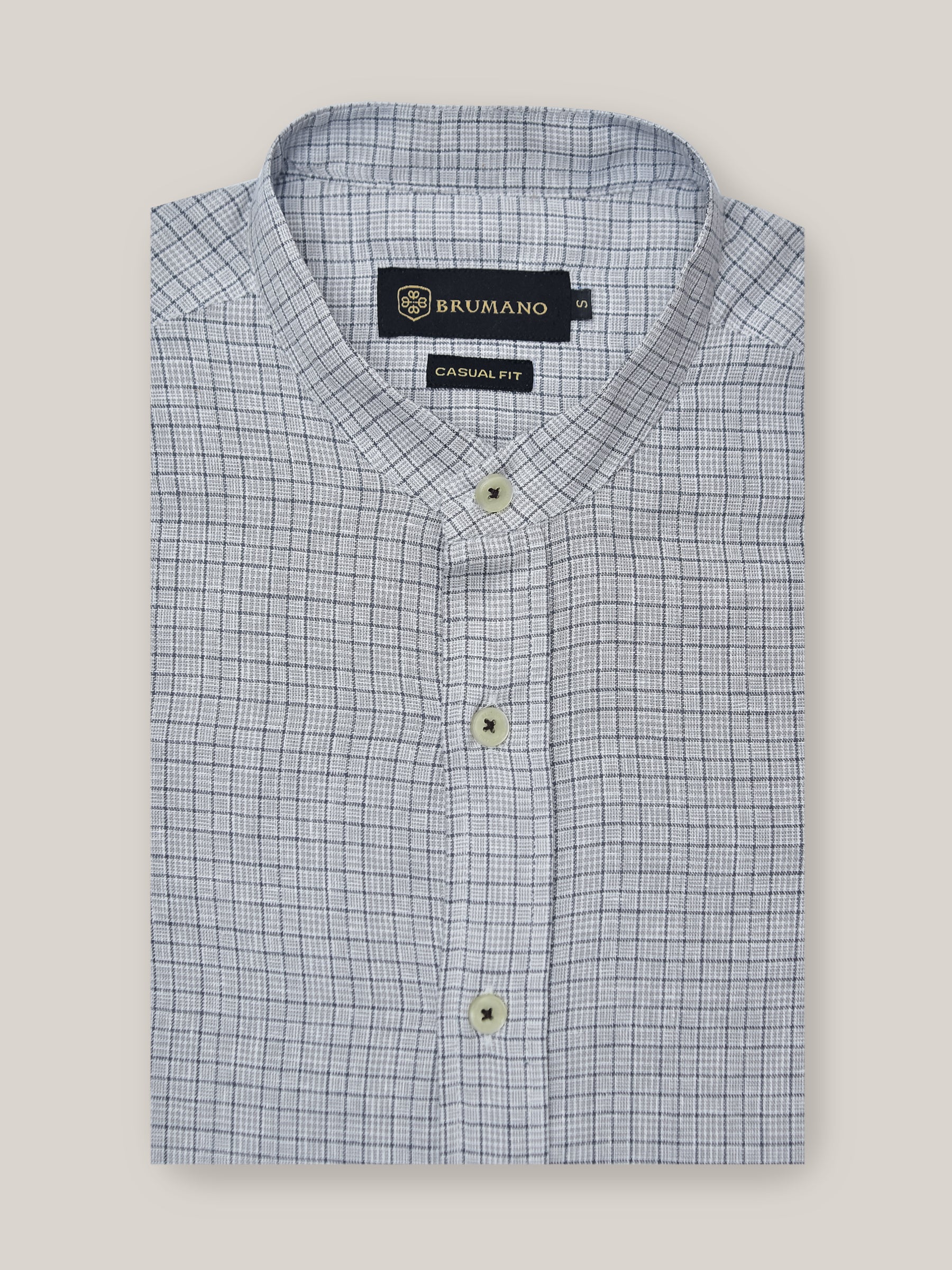 Grey Cotton/Linen Mao Collar Checkered Shirt