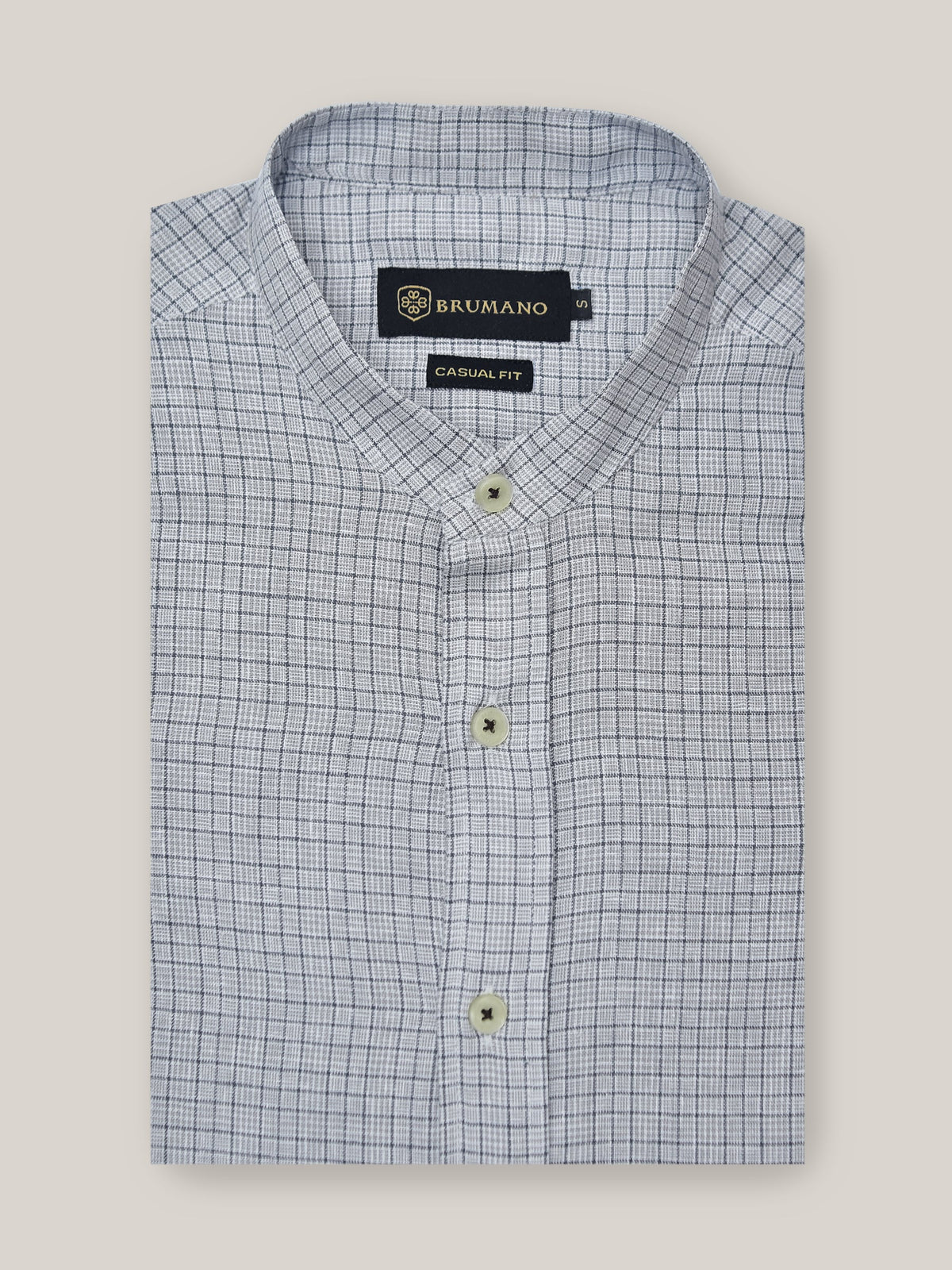 Grey Cotton/Linen Mao Collar Checkered Shirt