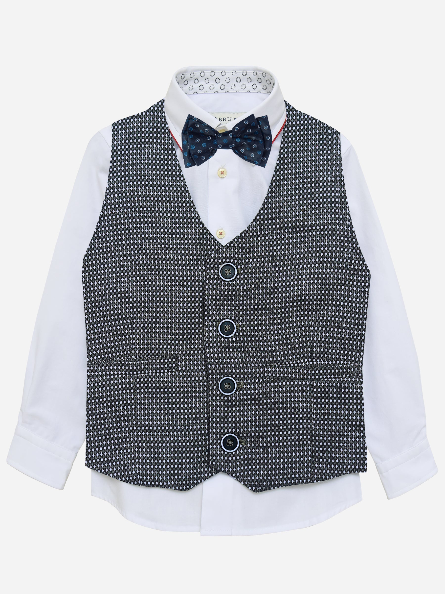 Grey Diamond Patterned Suit Vest With Bow