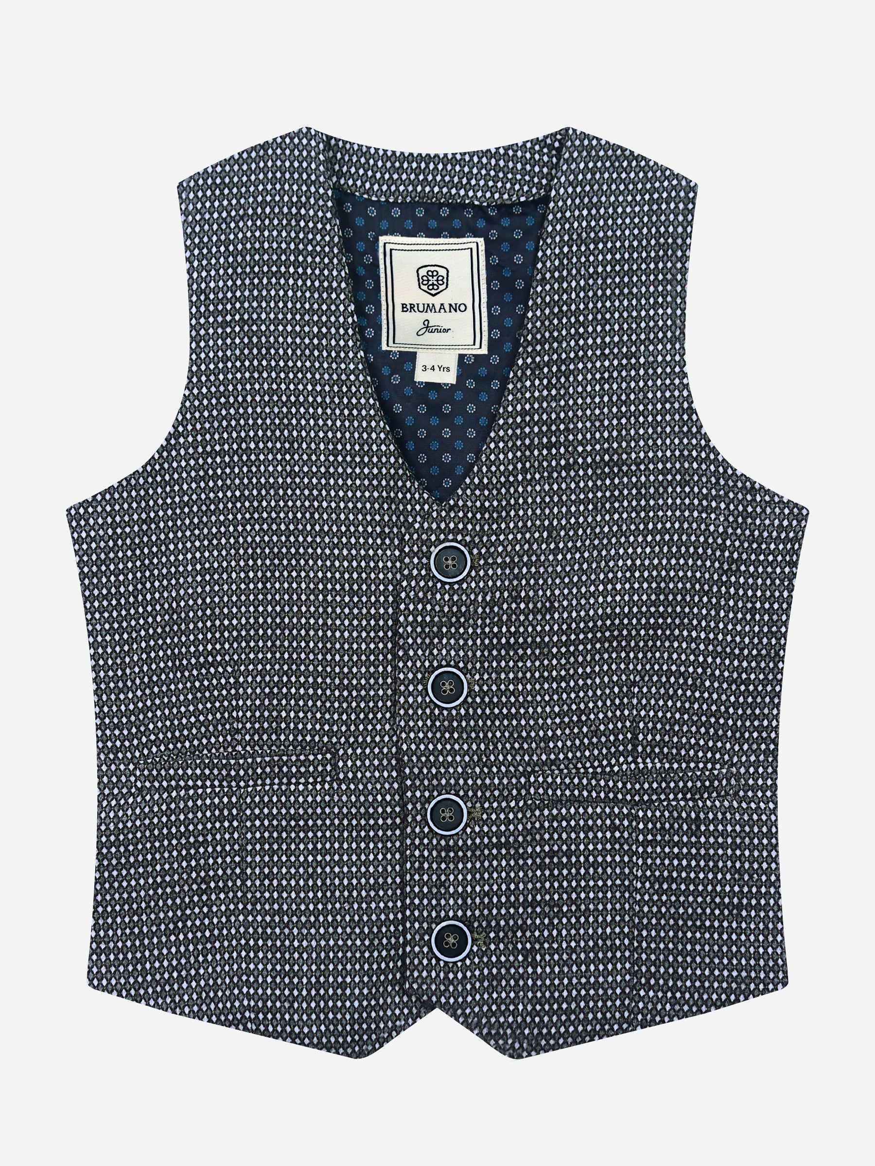 Grey Diamond Patterned Suit Vest With Bow