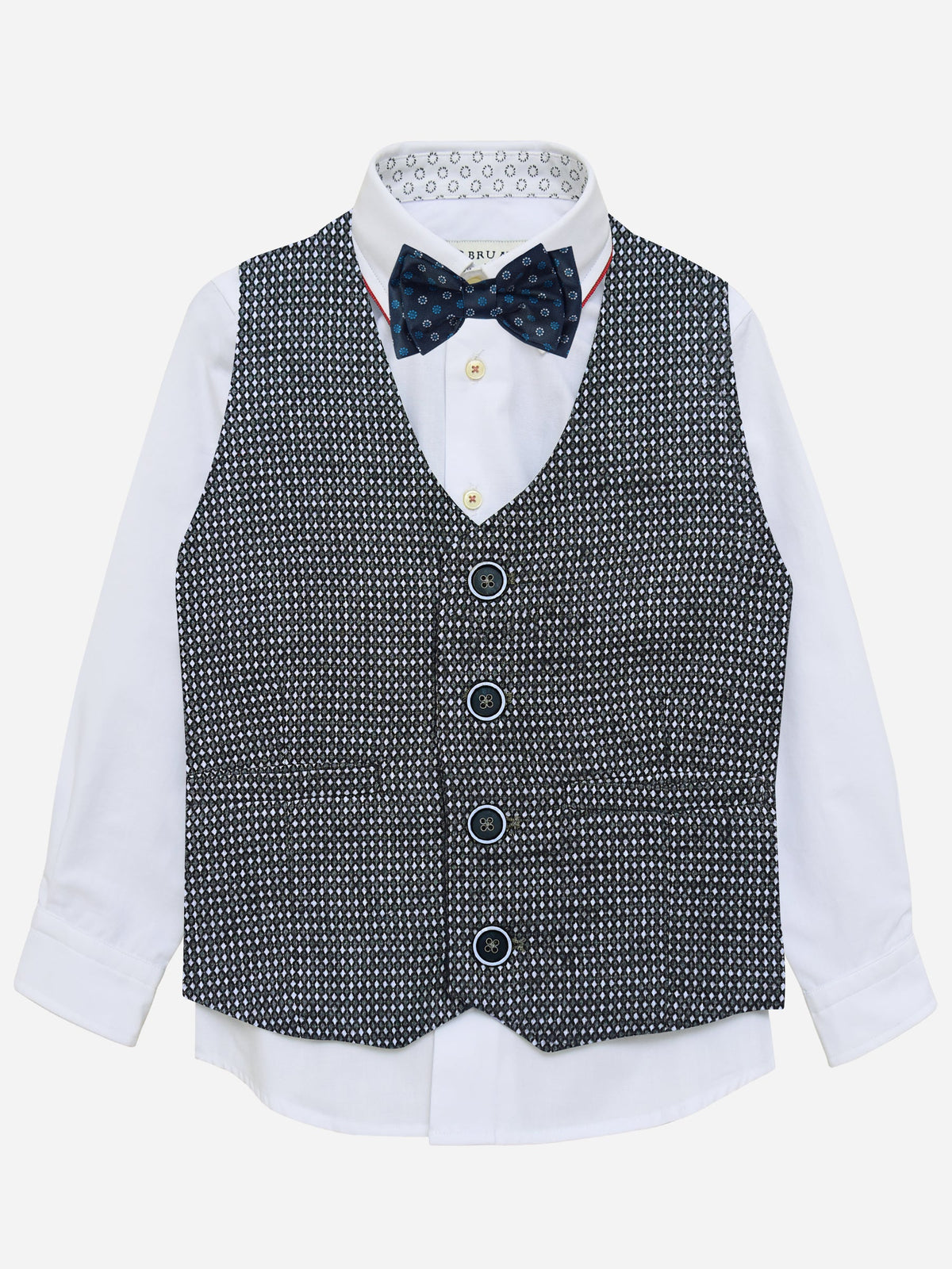 Grey Diamond Patterned Suit Vest With Bow