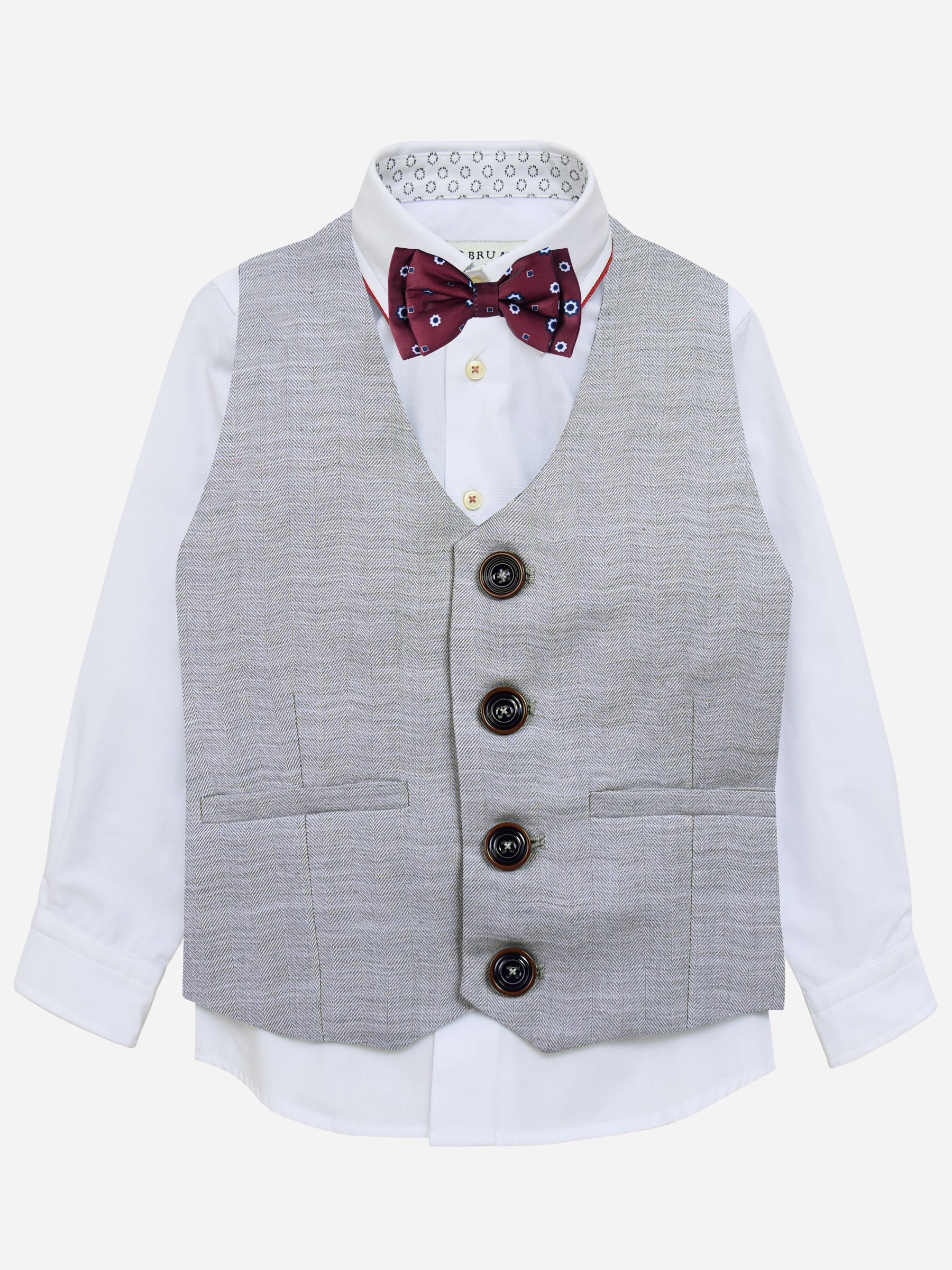 Grey Herringbone Suit Vest With Maroon Bow