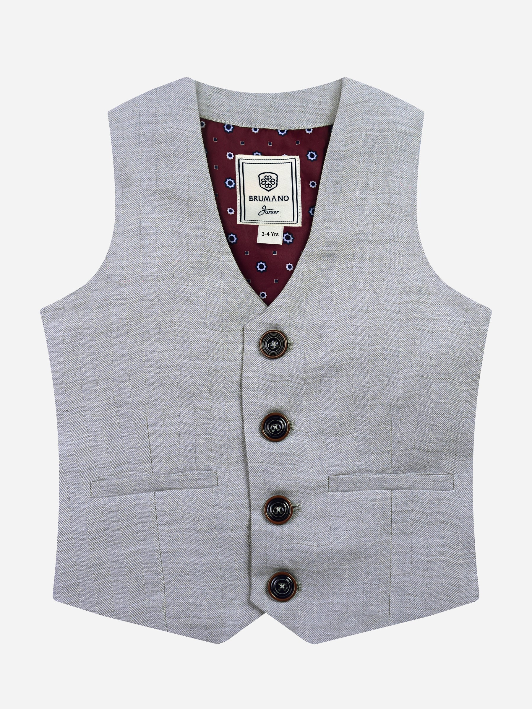 Grey Herringbone Suit Vest With Maroon Bow