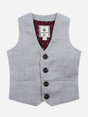 Grey Herringbone Suit Vest With Maroon Bow