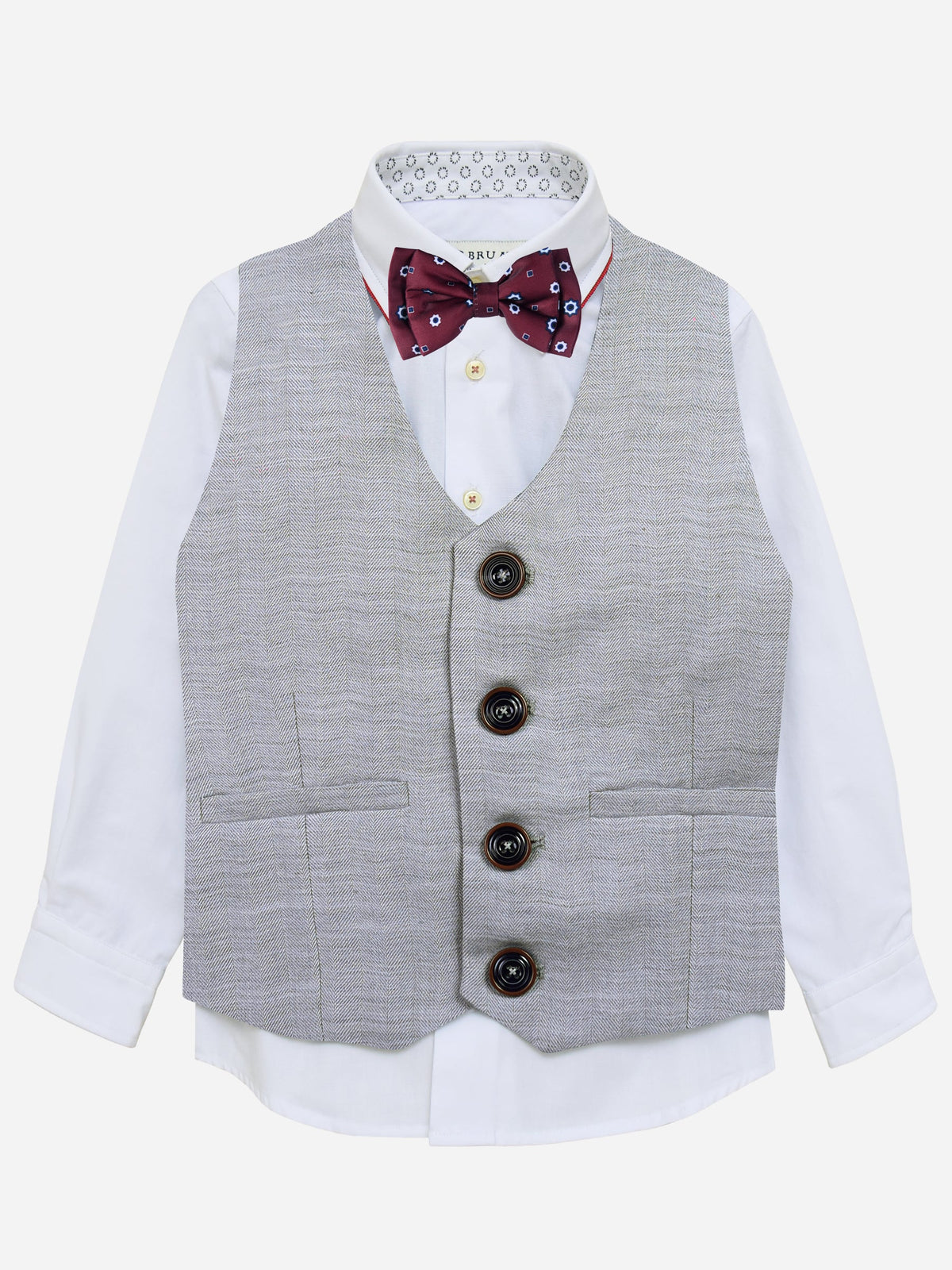 Grey Herringbone Suit Vest With Maroon Bow
