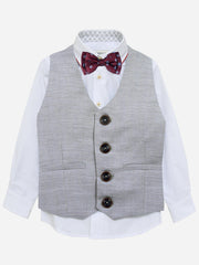 Grey Herringbone Suit Vest With Maroon Bow