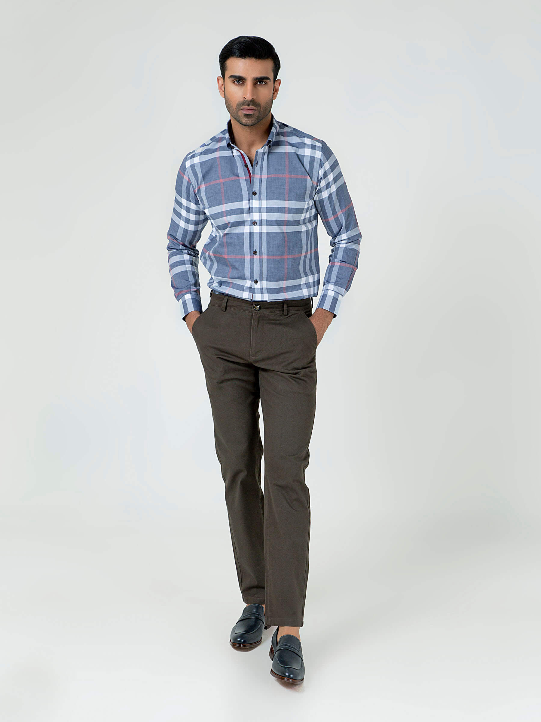 Grey Large Windowpane Checkered Shirt