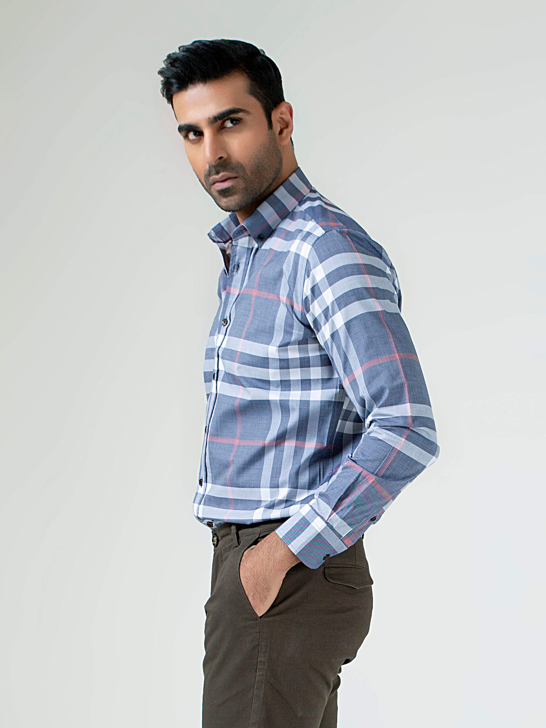 Grey Large Windowpane Checkered Shirt