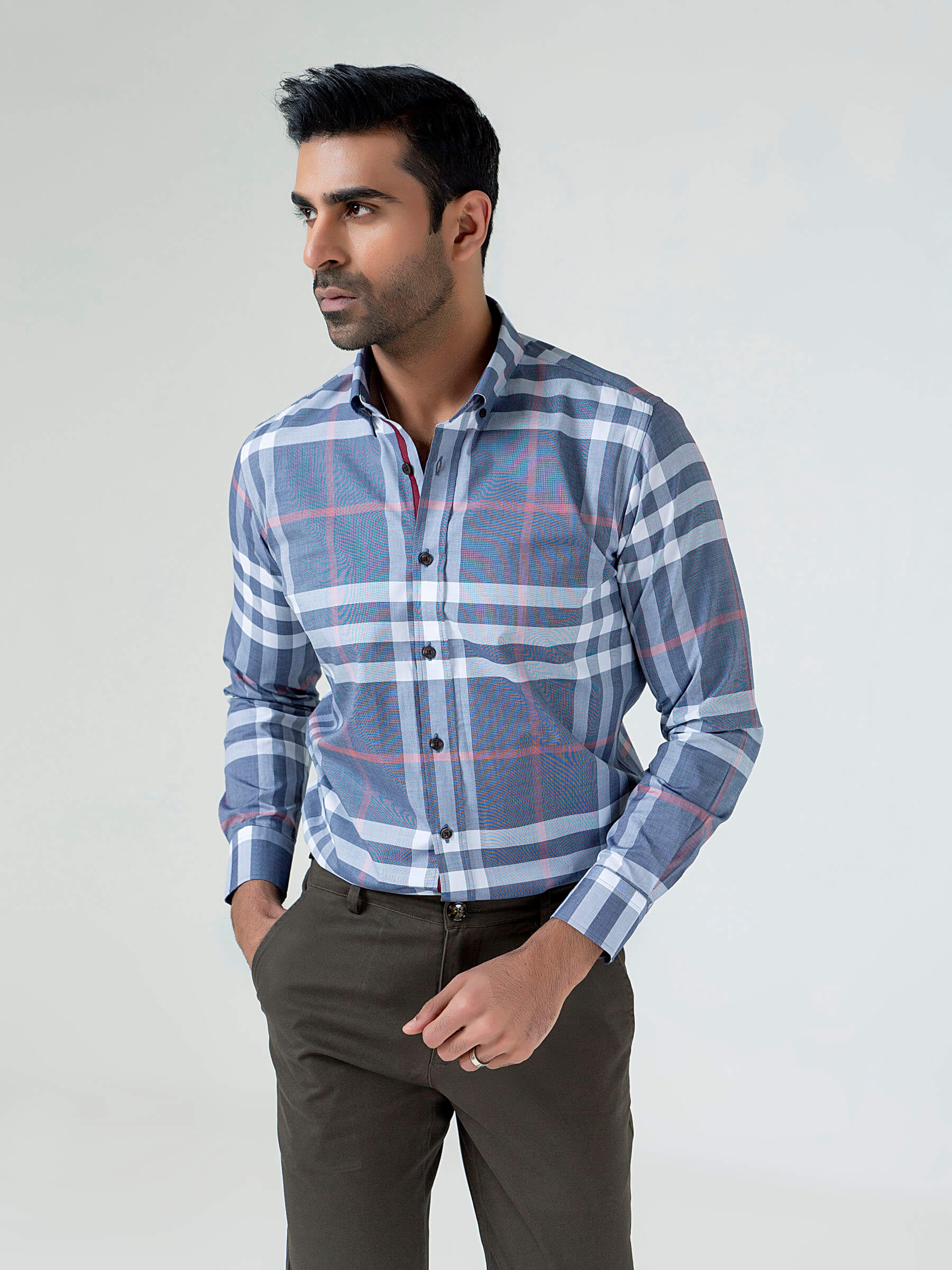 Grey Large Windowpane Checkered Shirt