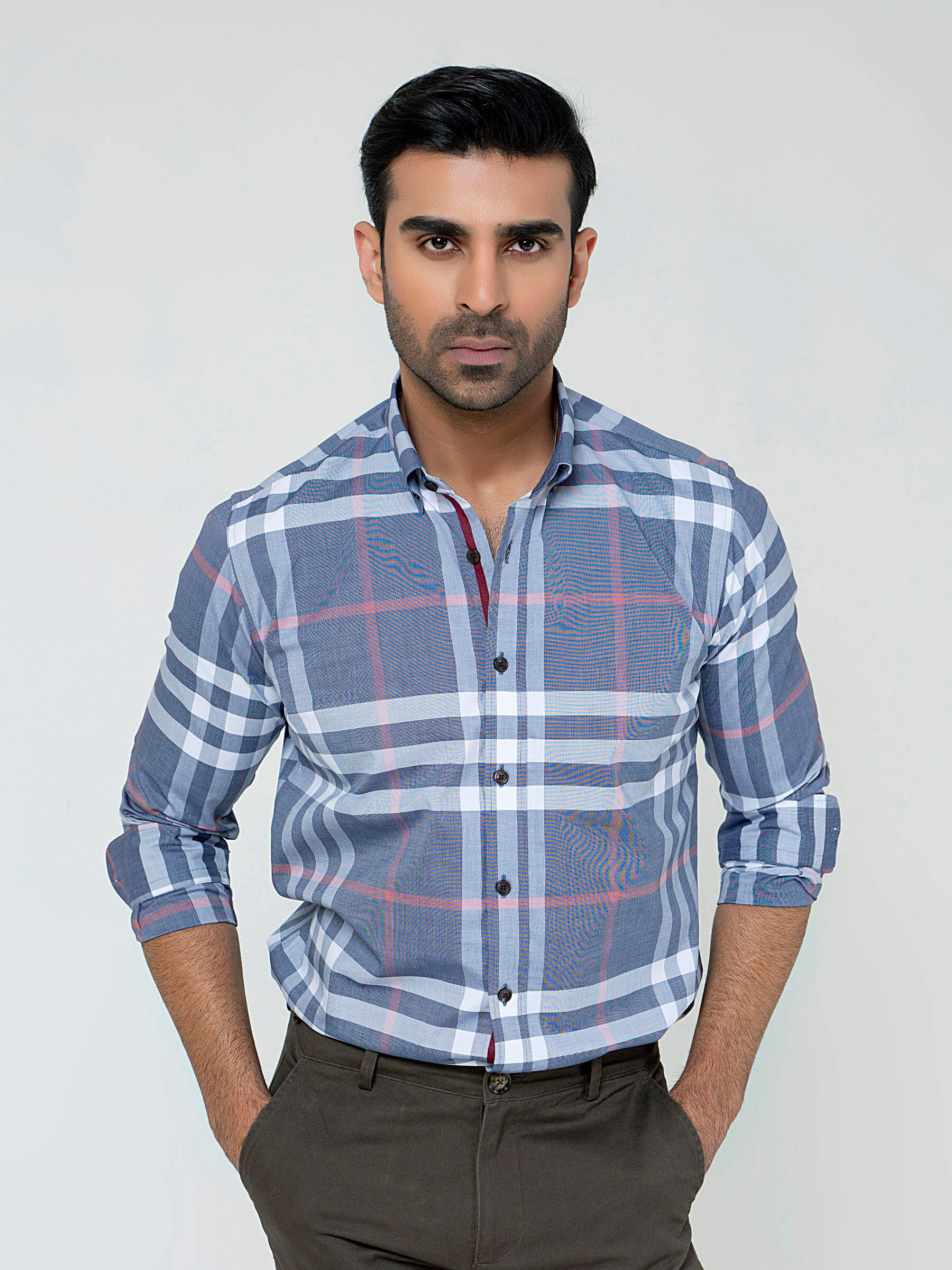 Grey Large Windowpane Checkered Shirt