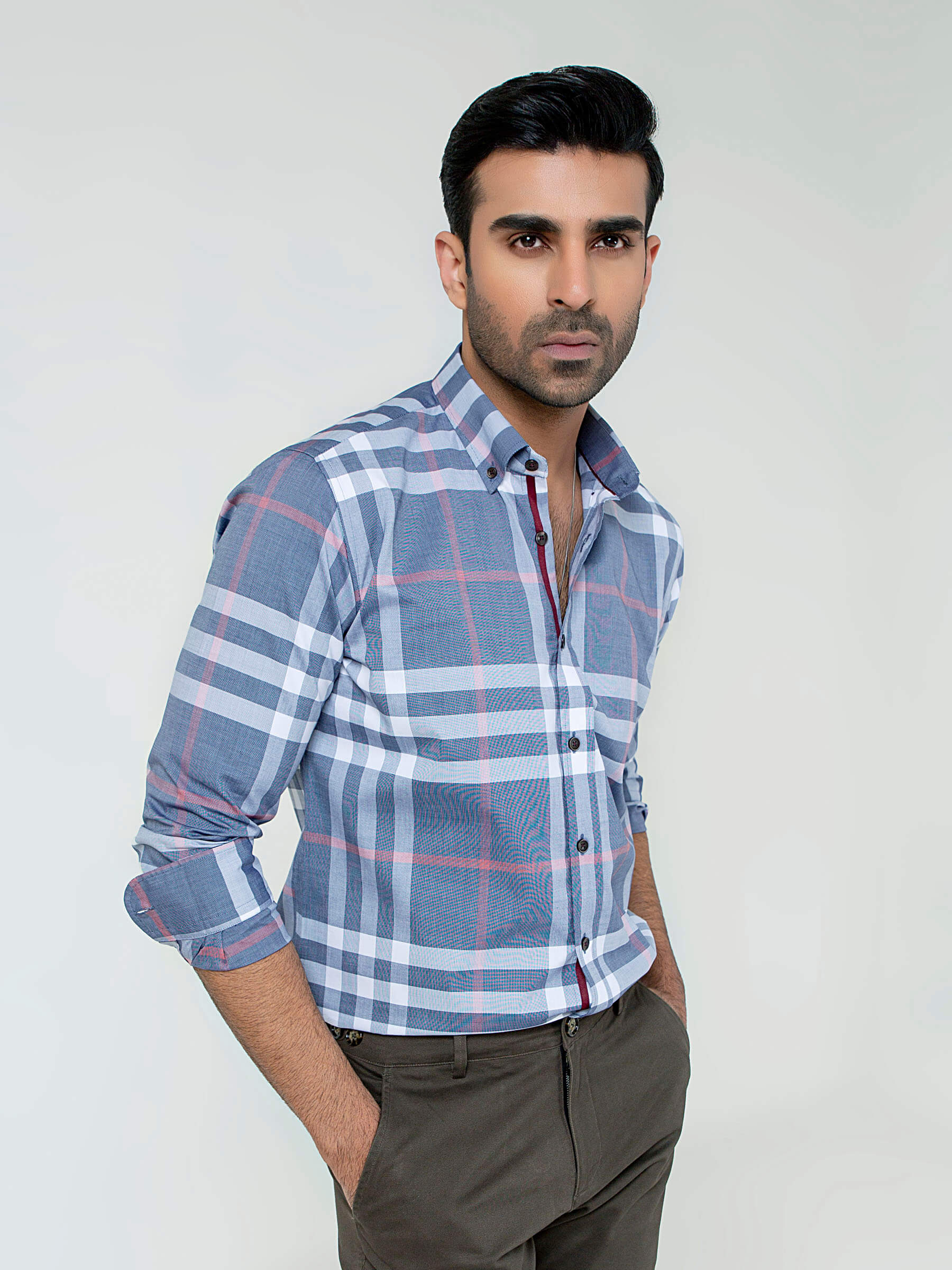 Grey Large Windowpane Checkered Shirt