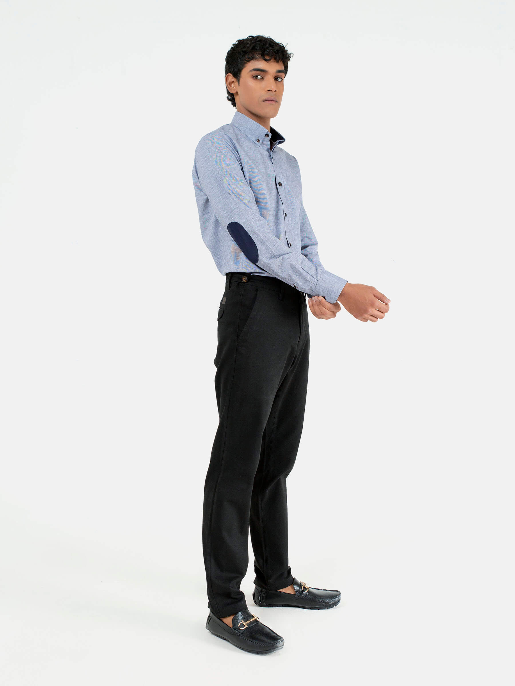 Grey Micro Houndstooth Button Down Shirt With Elbow Patch