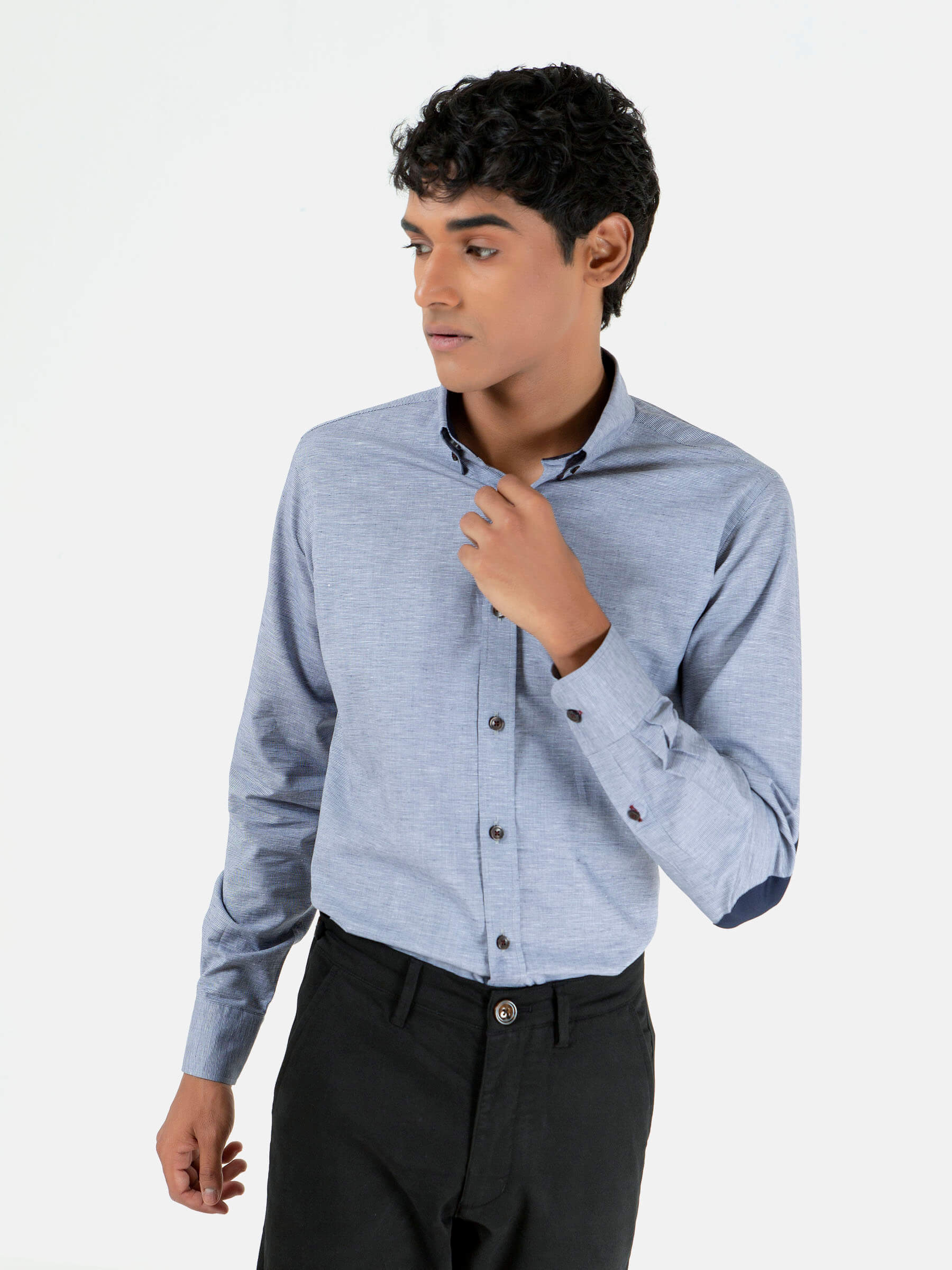 Grey Micro Houndstooth Button Down Shirt With Elbow Patch