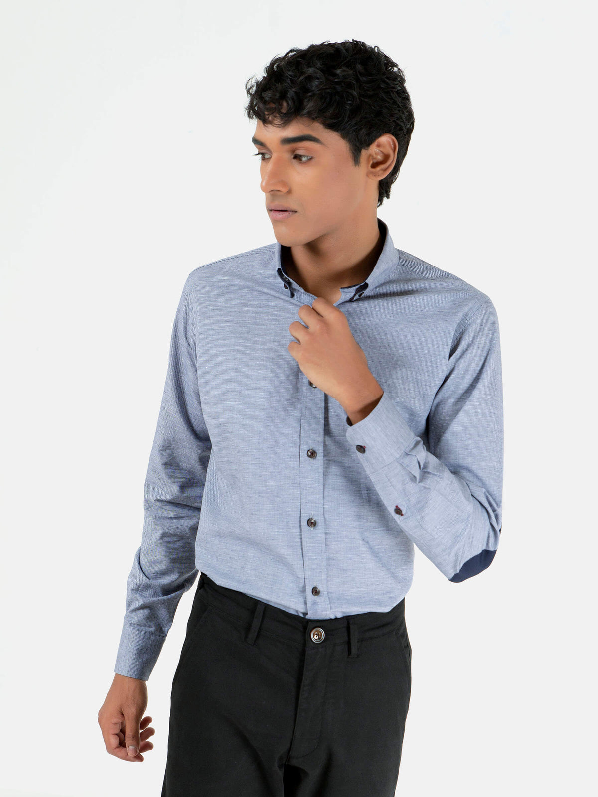 Grey Micro Houndstooth Button Down Shirt With Elbow Patch