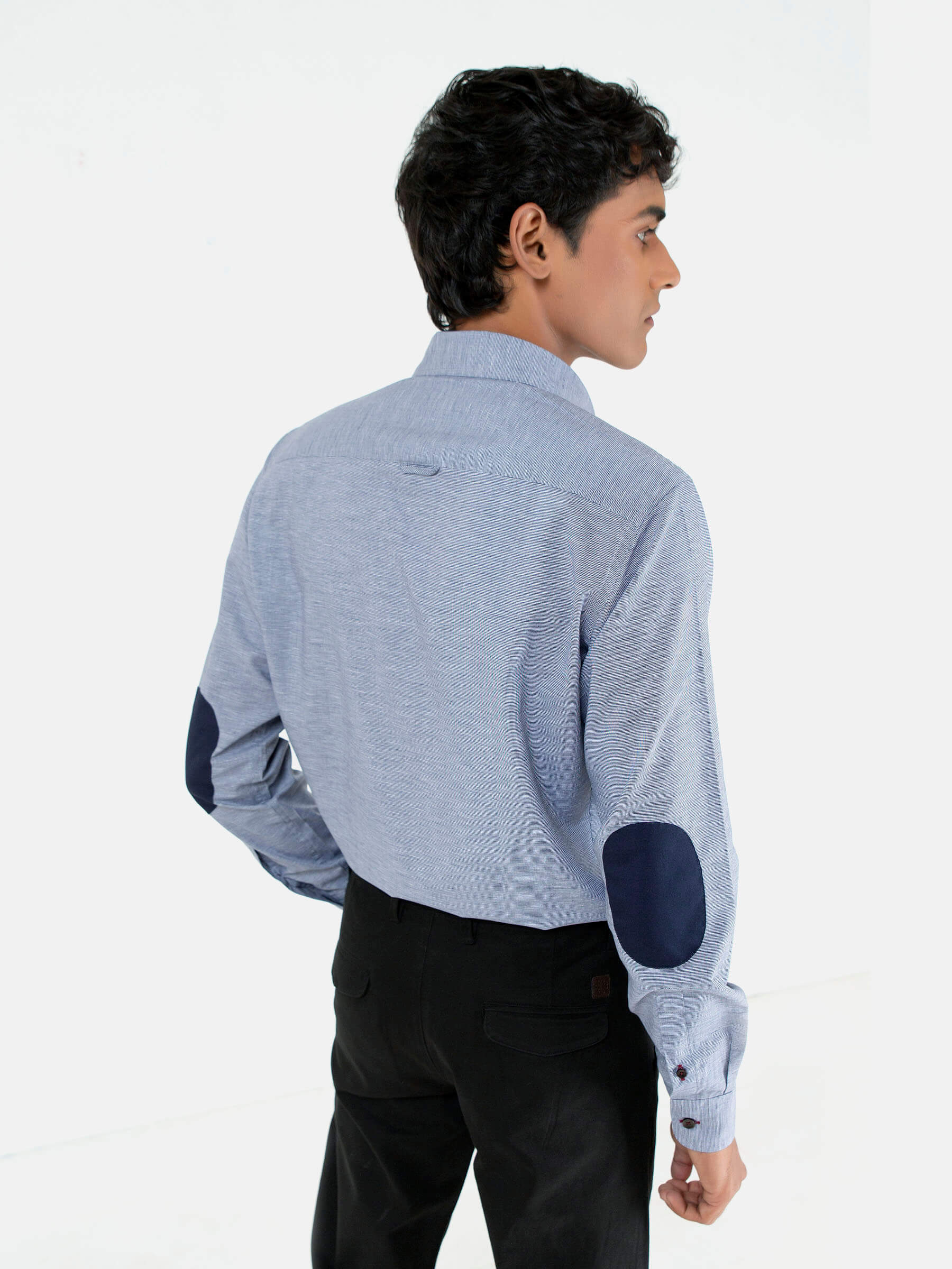 Grey Micro Houndstooth Button Down Shirt With Elbow Patch