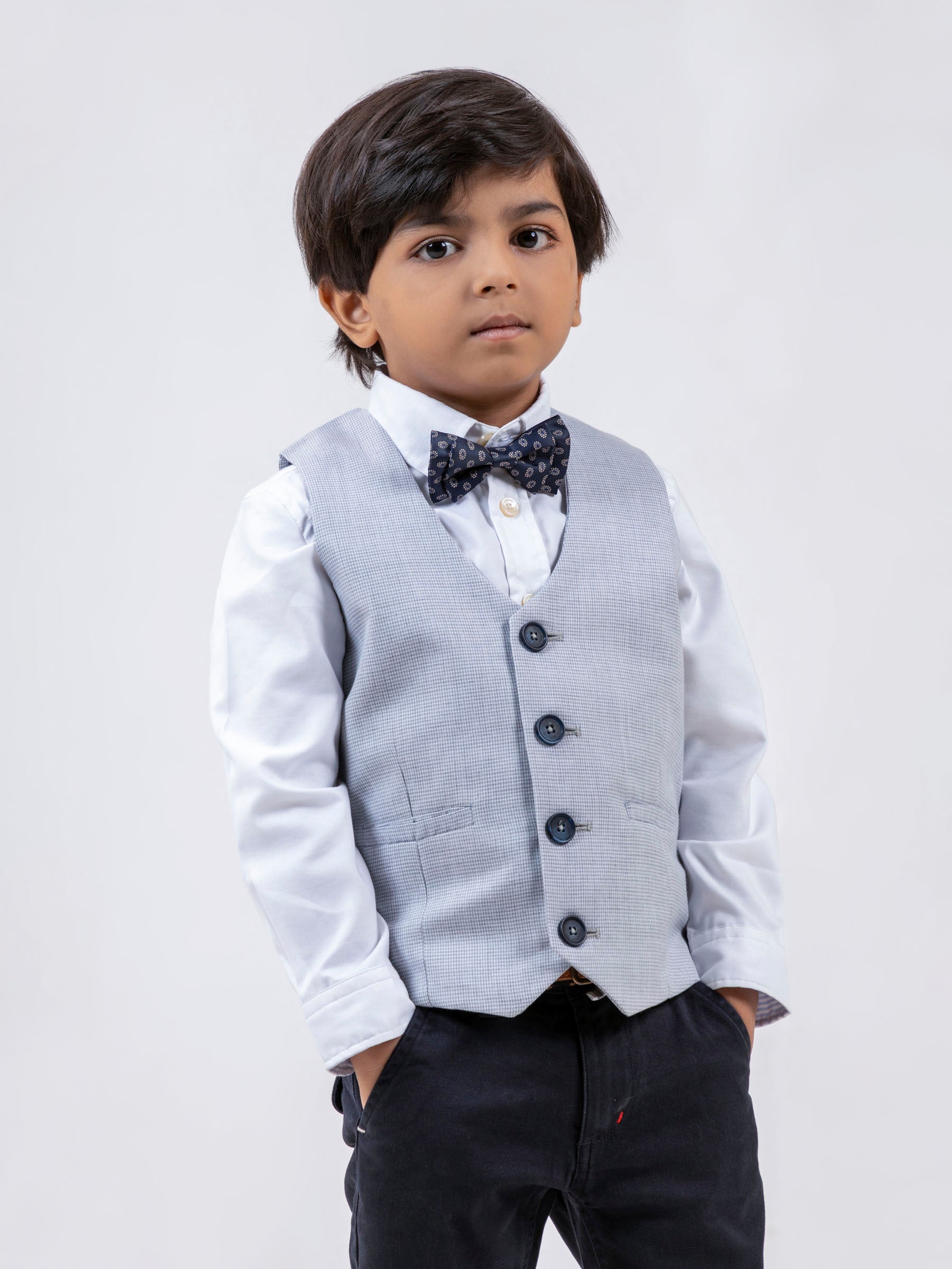 Grey Micro Houndstooth Suit Vest With Bow