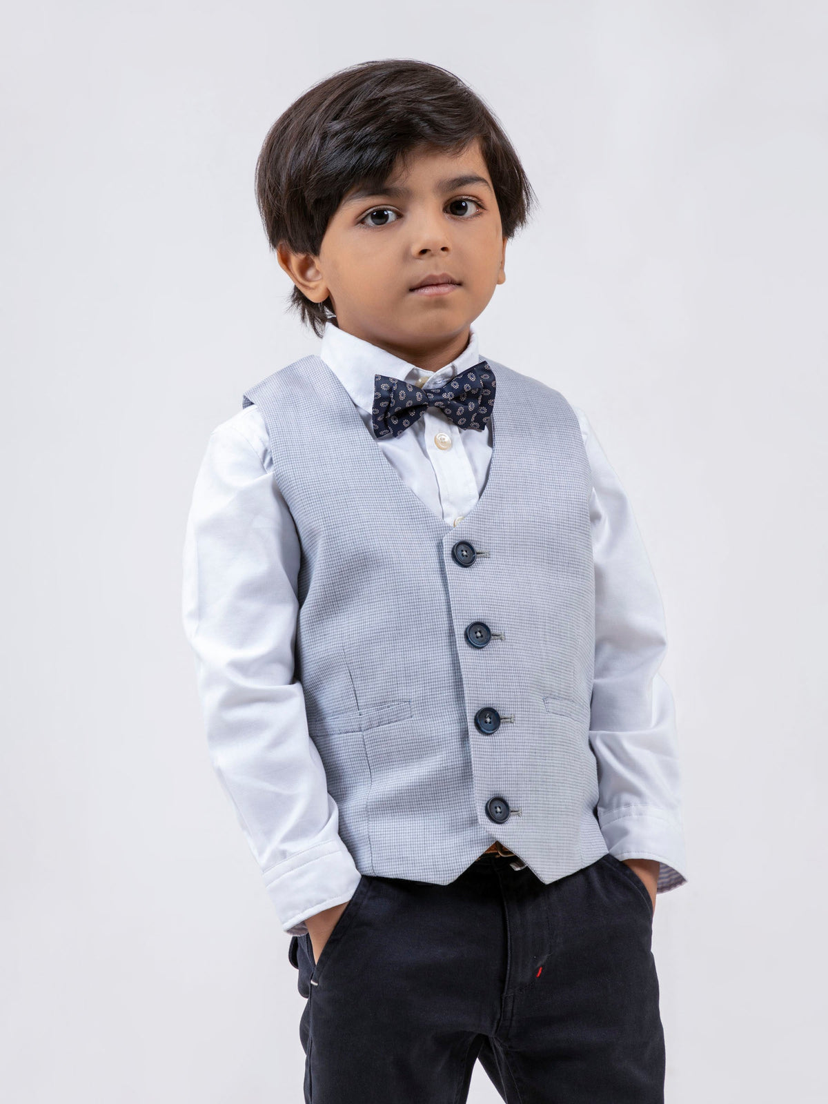 Grey Micro Houndstooth Suit Vest With Bow