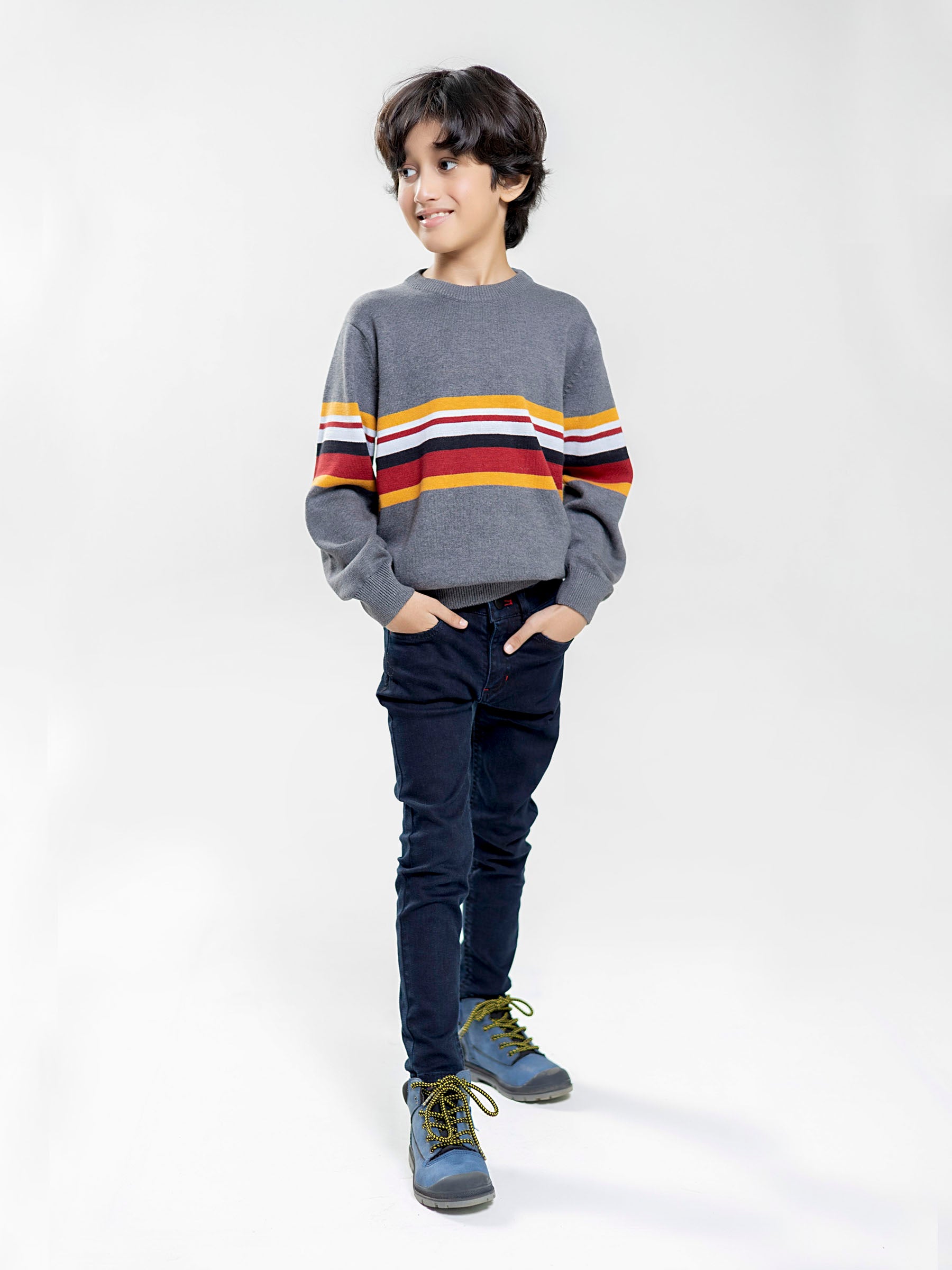 Grey Multi Color Striped Casual Jumper