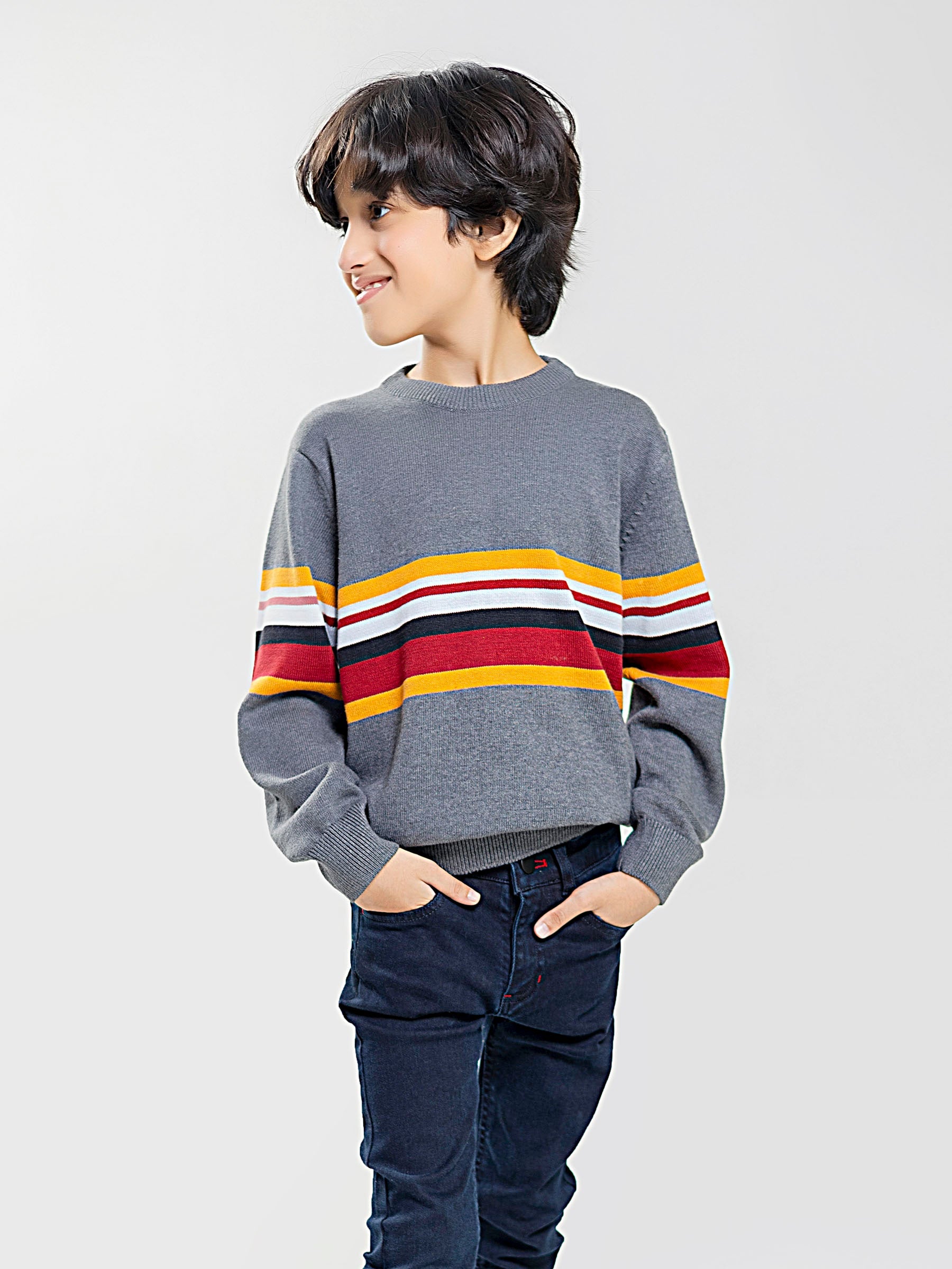 Grey Multi Color Striped Casual Jumper
