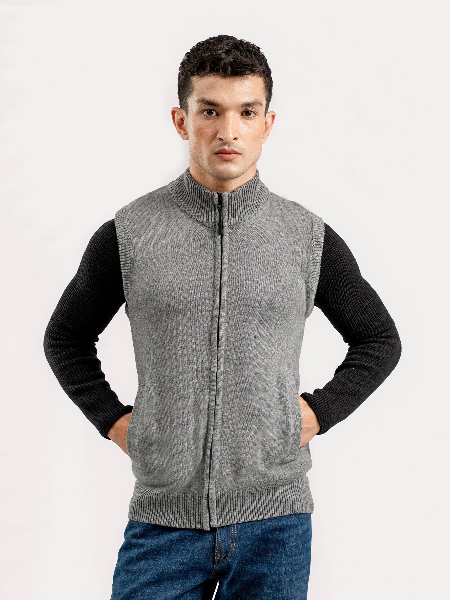 Grey Neppy Sleeveless Zipper Sweater