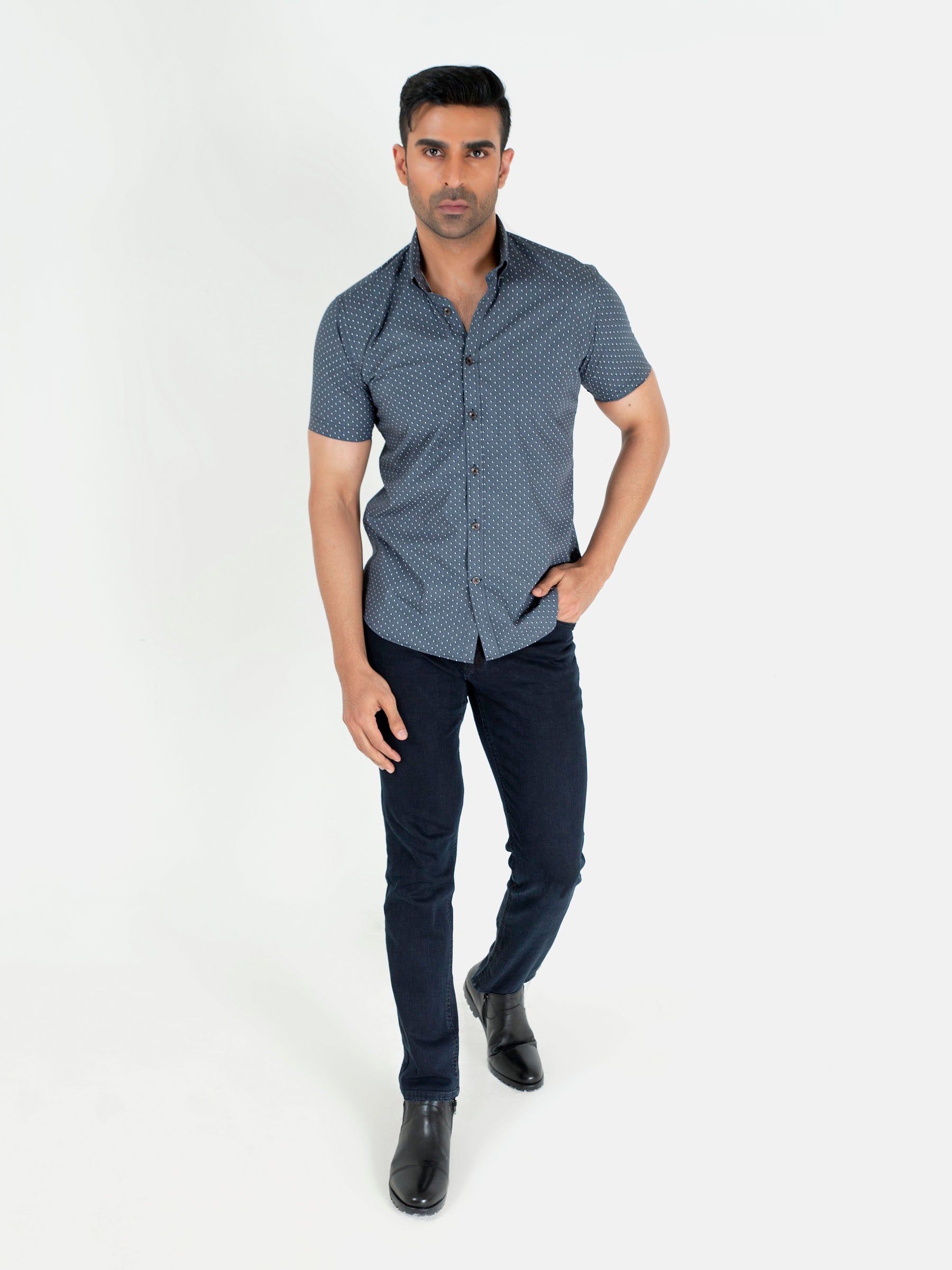 Grey Printed Half Sleeve Casual Shirt