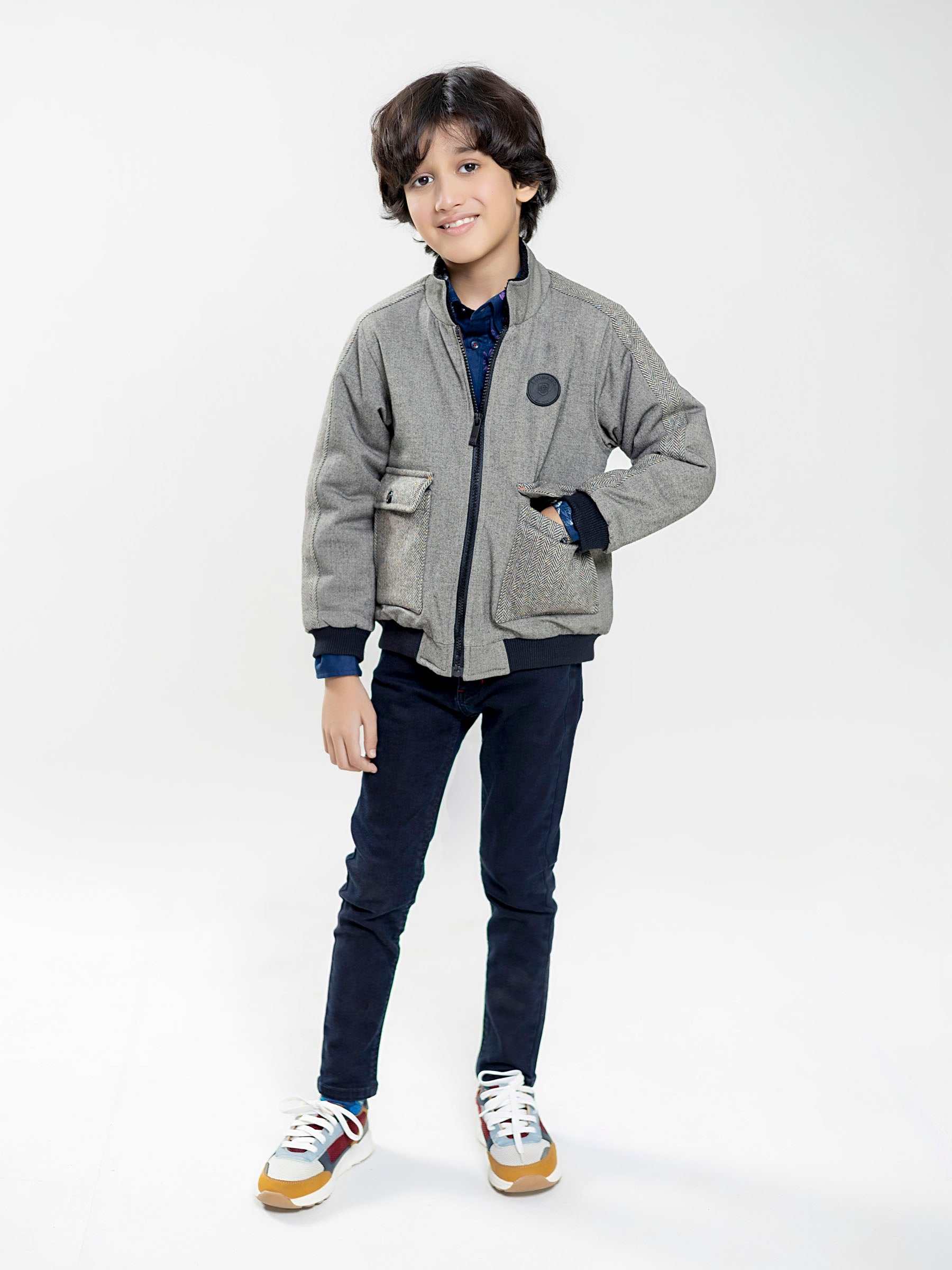 Grey Quilted Casual Jacket With Cashmere Pockets