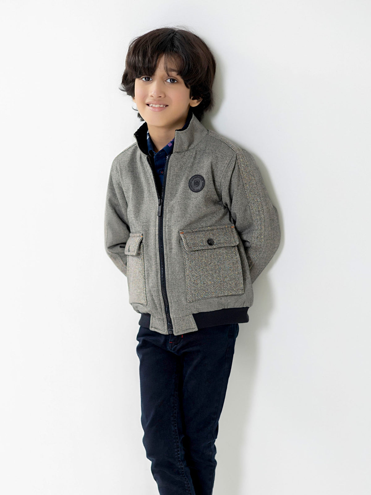 Grey Quilted Casual Jacket With Cashmere Pockets
