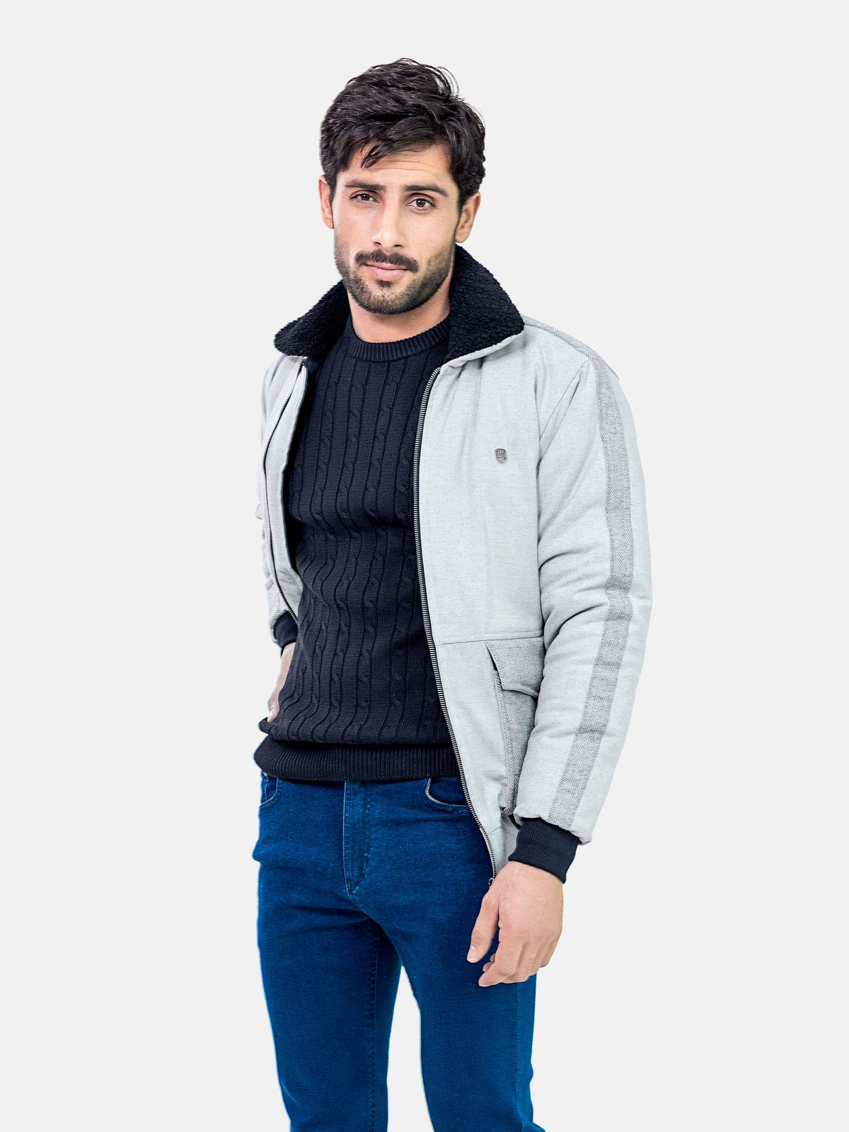Grey Sherpa Collar Aviator Jacket With Cashmere Pockets