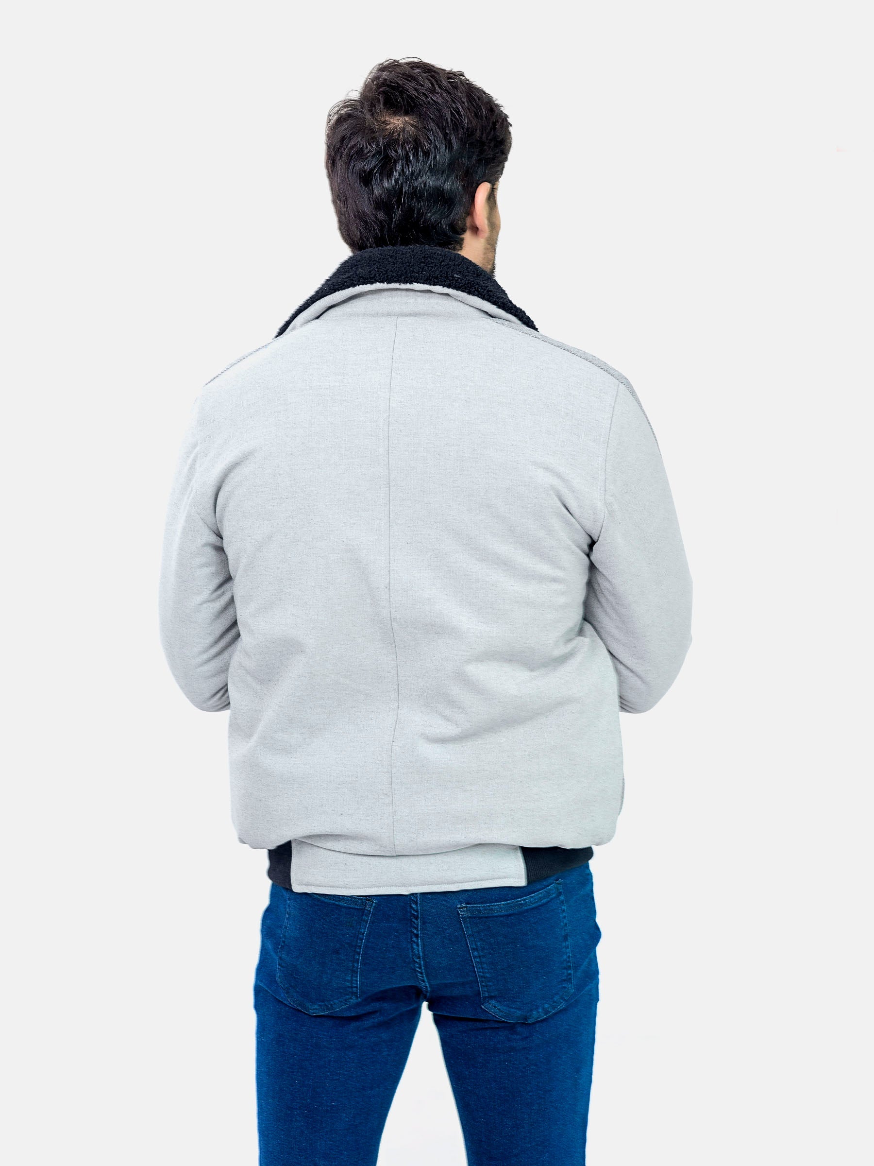 Grey Sherpa Collar Aviator Jacket With Cashmere Pockets
