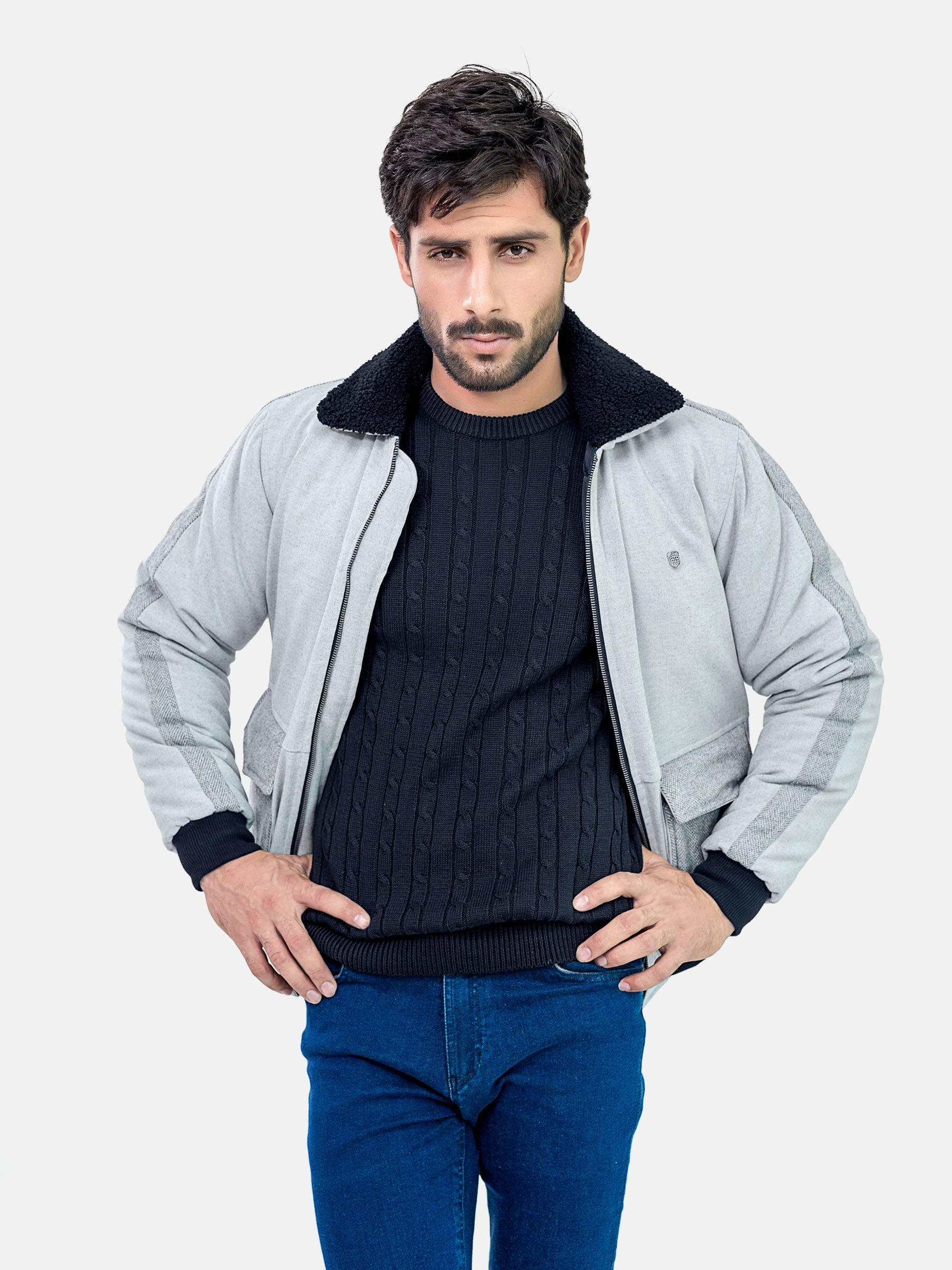 Grey Sherpa Collar Aviator Jacket With Cashmere Pockets