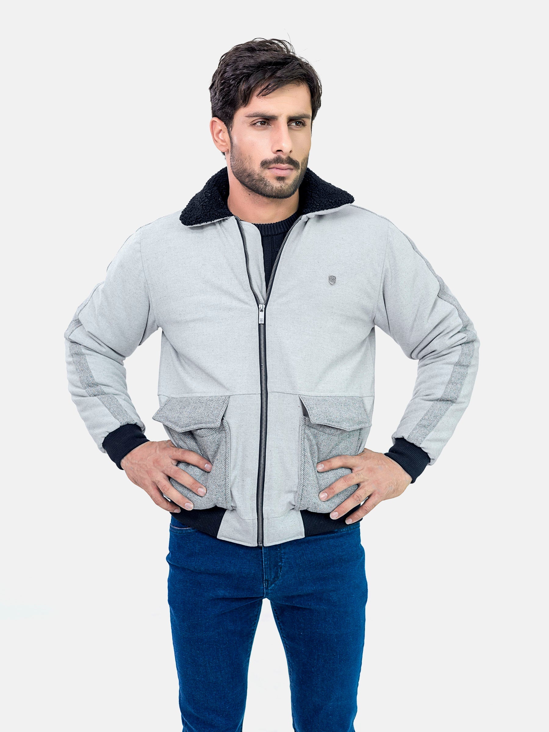 Grey Sherpa Collar Aviator Jacket With Cashmere Pockets